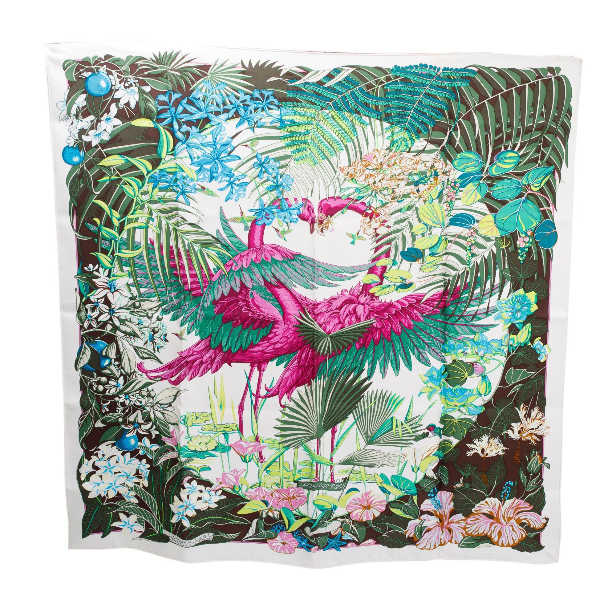 Hermes 'Flamingo Party' Multicolour Silk Scarf 90