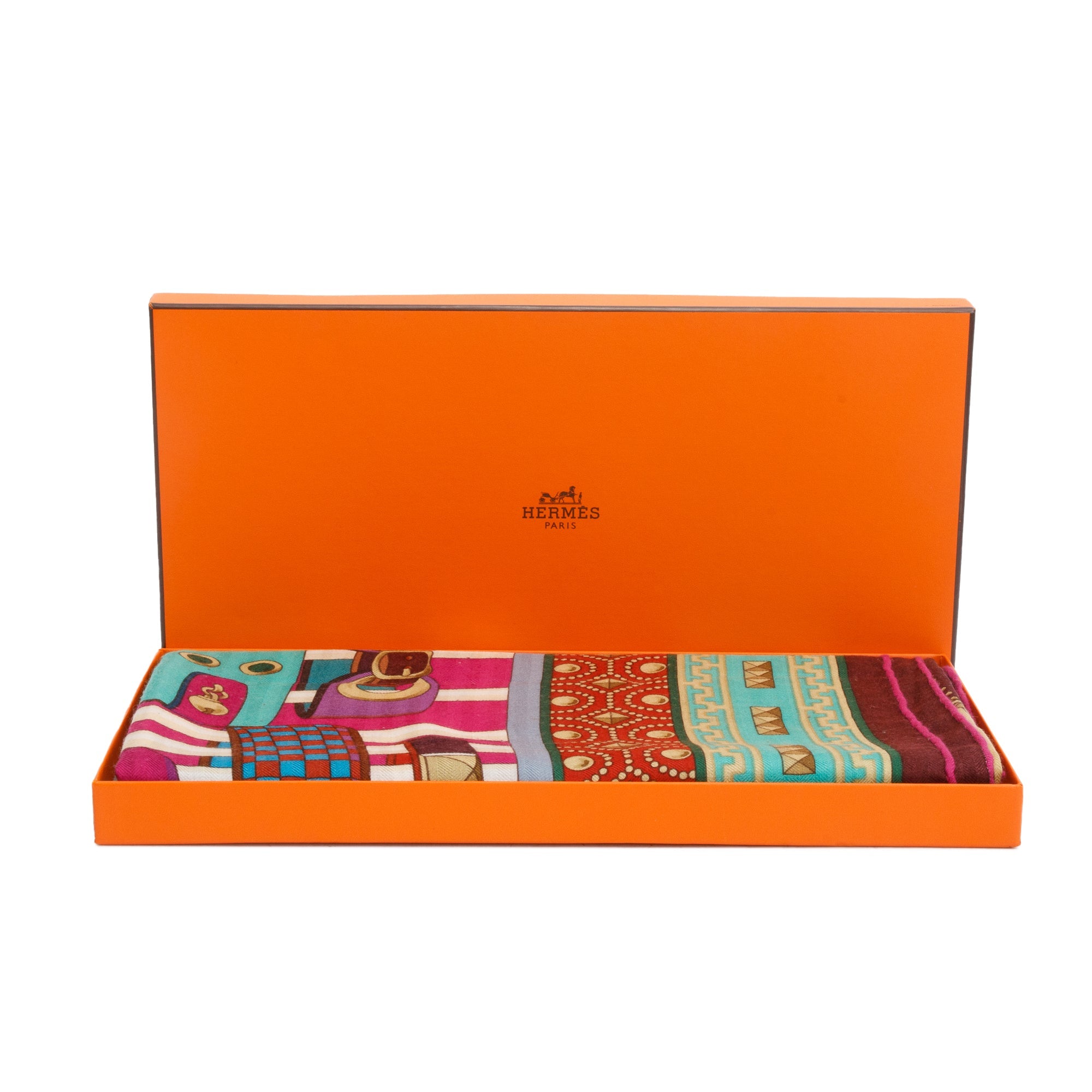 Hermes Fuschia Multicolor 'Collier De Chien' Cashmere Silk Shawl 140 w/ Box