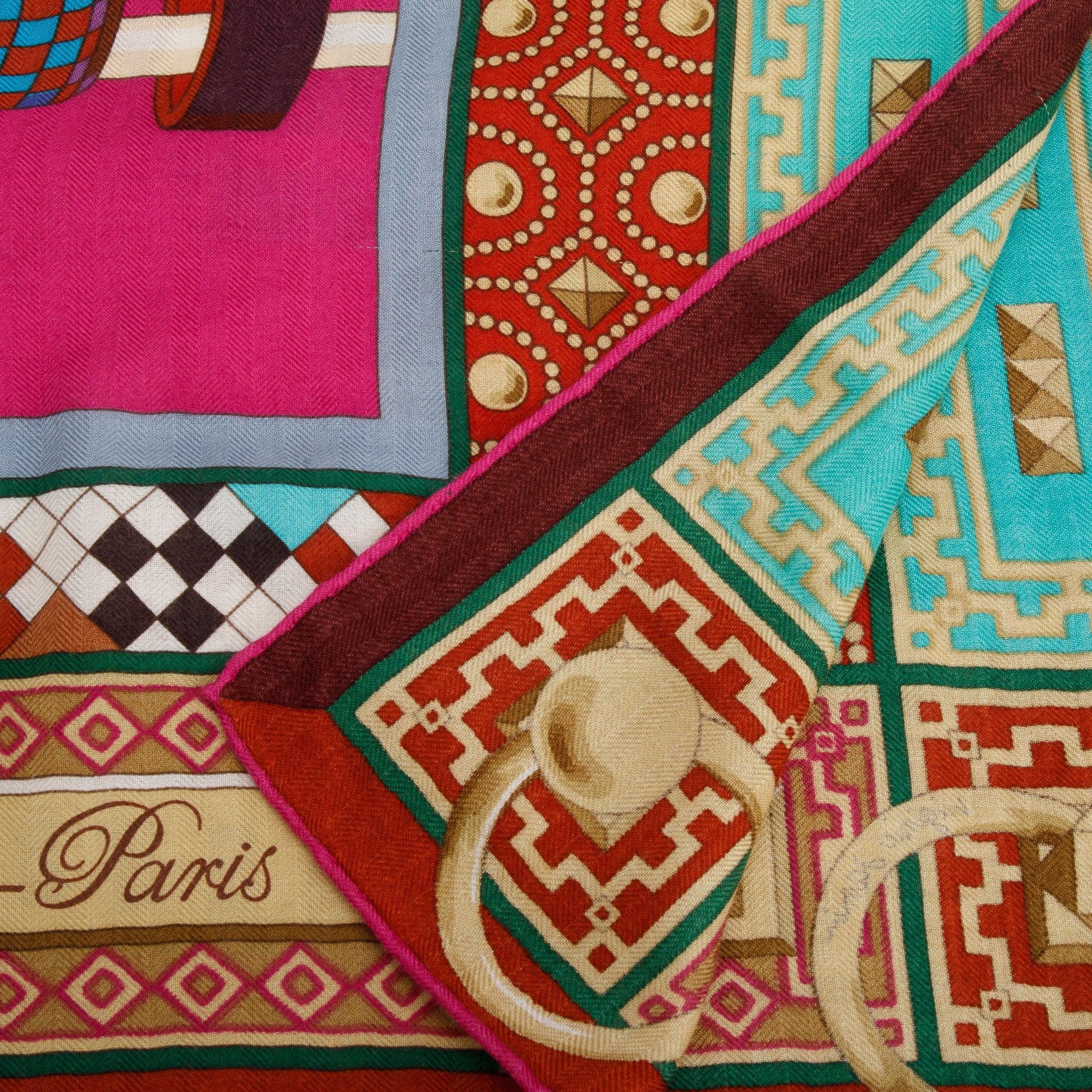 Hermes Fuschia Multicolor 'Collier De Chien' Cashmere Silk Shawl 140 w/ Box