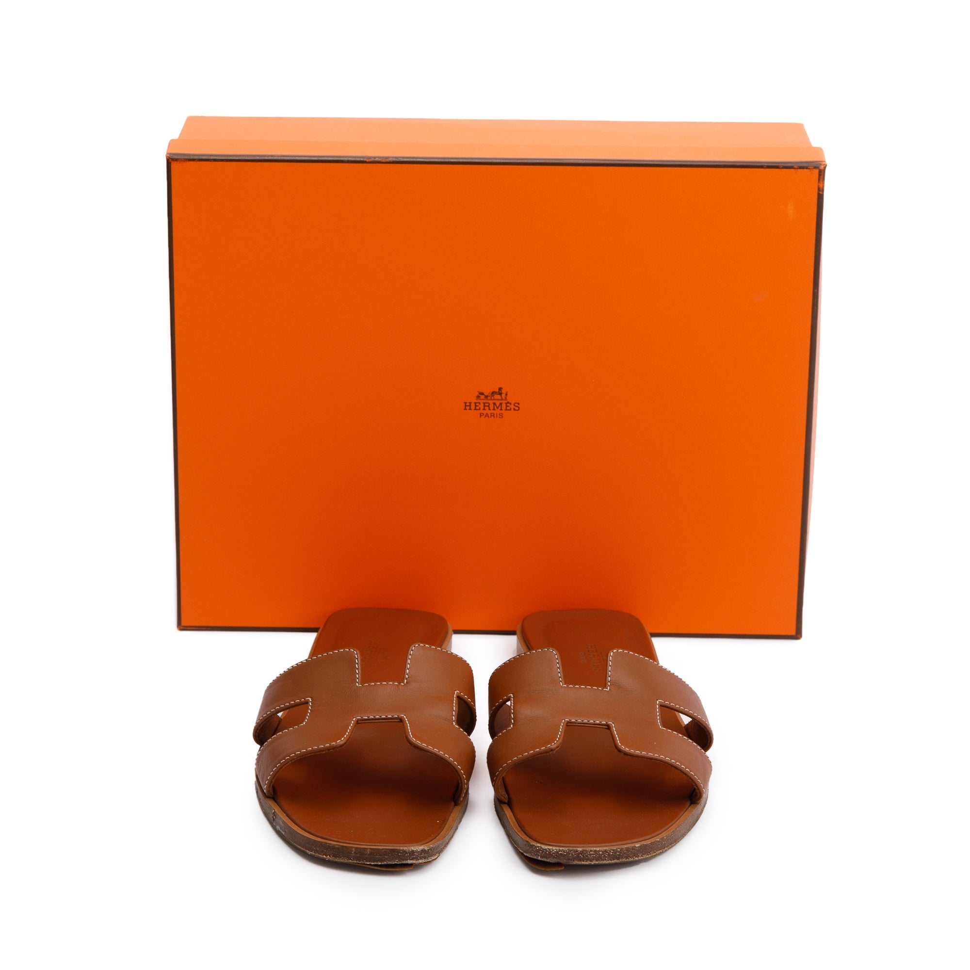 Hermes Gold Box Leather Oran Sandals, Size 37.5 w/ Box