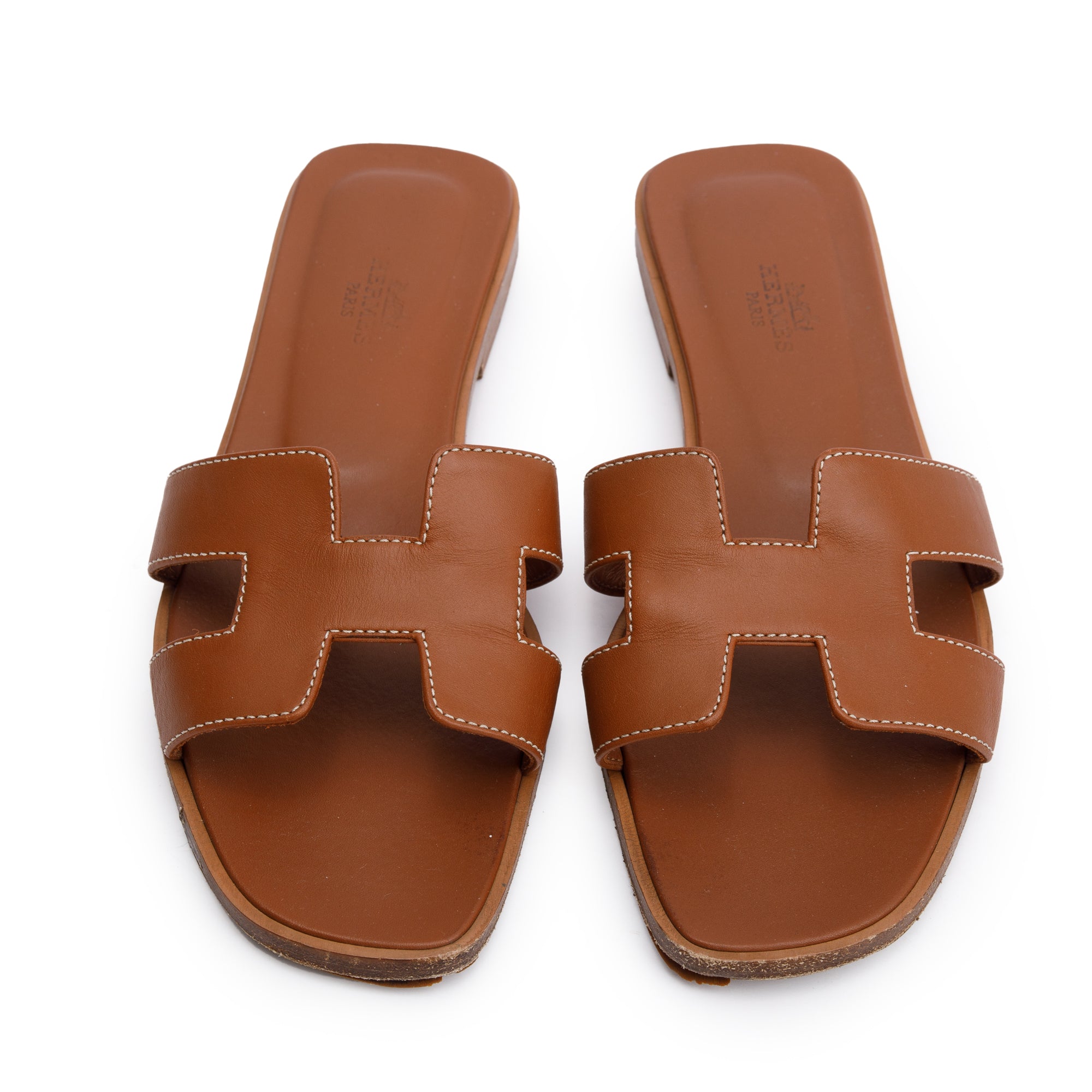 Hermes Gold Box Leather Oran Sandals, Size 37.5 w/ Box