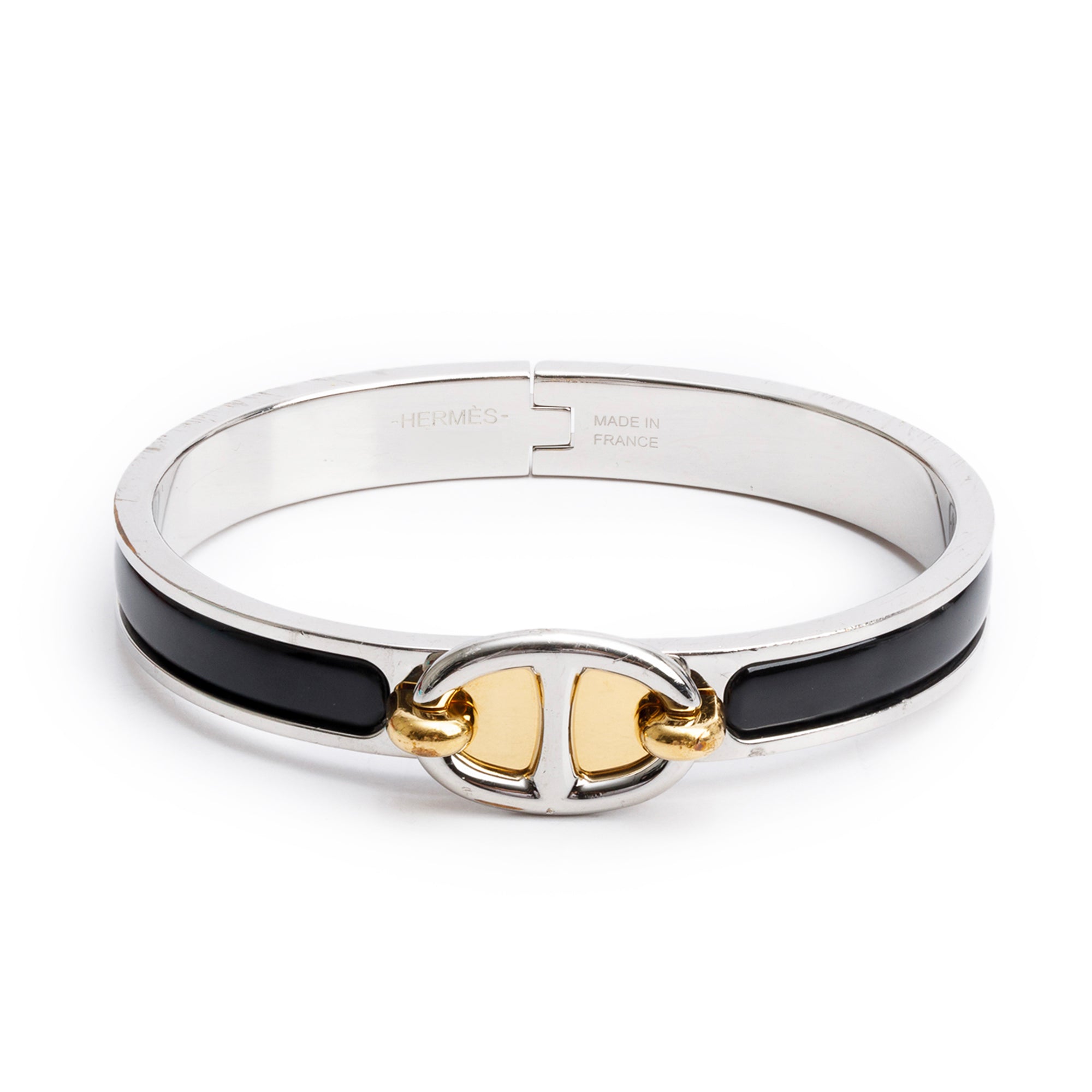 Hermes Gold & Palladium Plated Black Enamel Mini Clic Chaine D'Ancre Bracelet