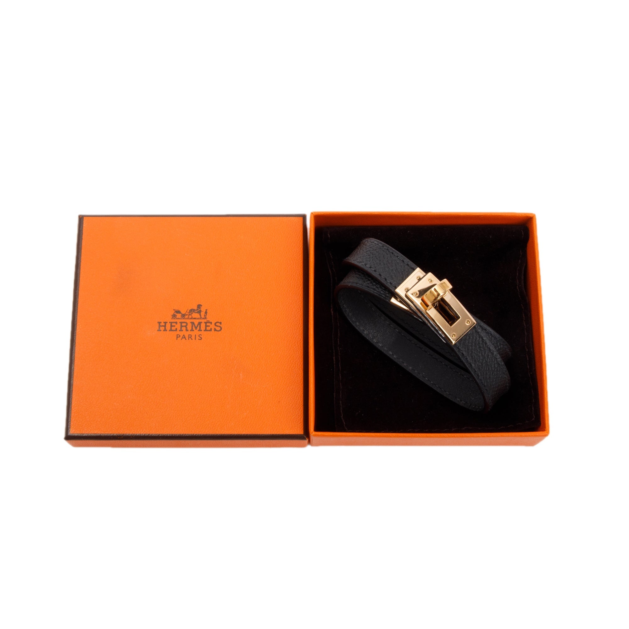Hermes Gold Plated Black Calfskin Kelly Double Tour Bracelet w/ Box, Size M