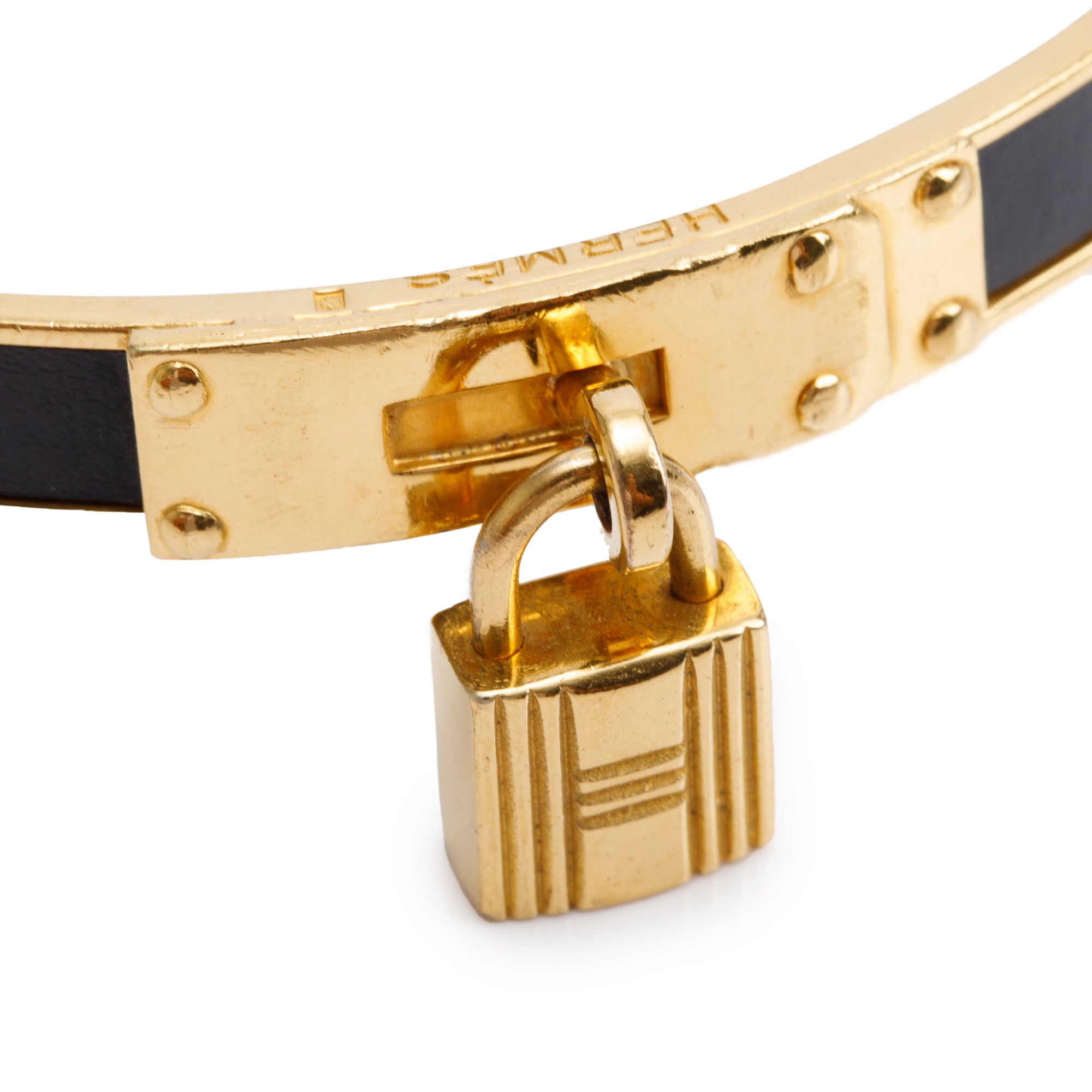 Hermes Gold-Plated Black Leather Kelly Cadena Lock Bangle Bracelet