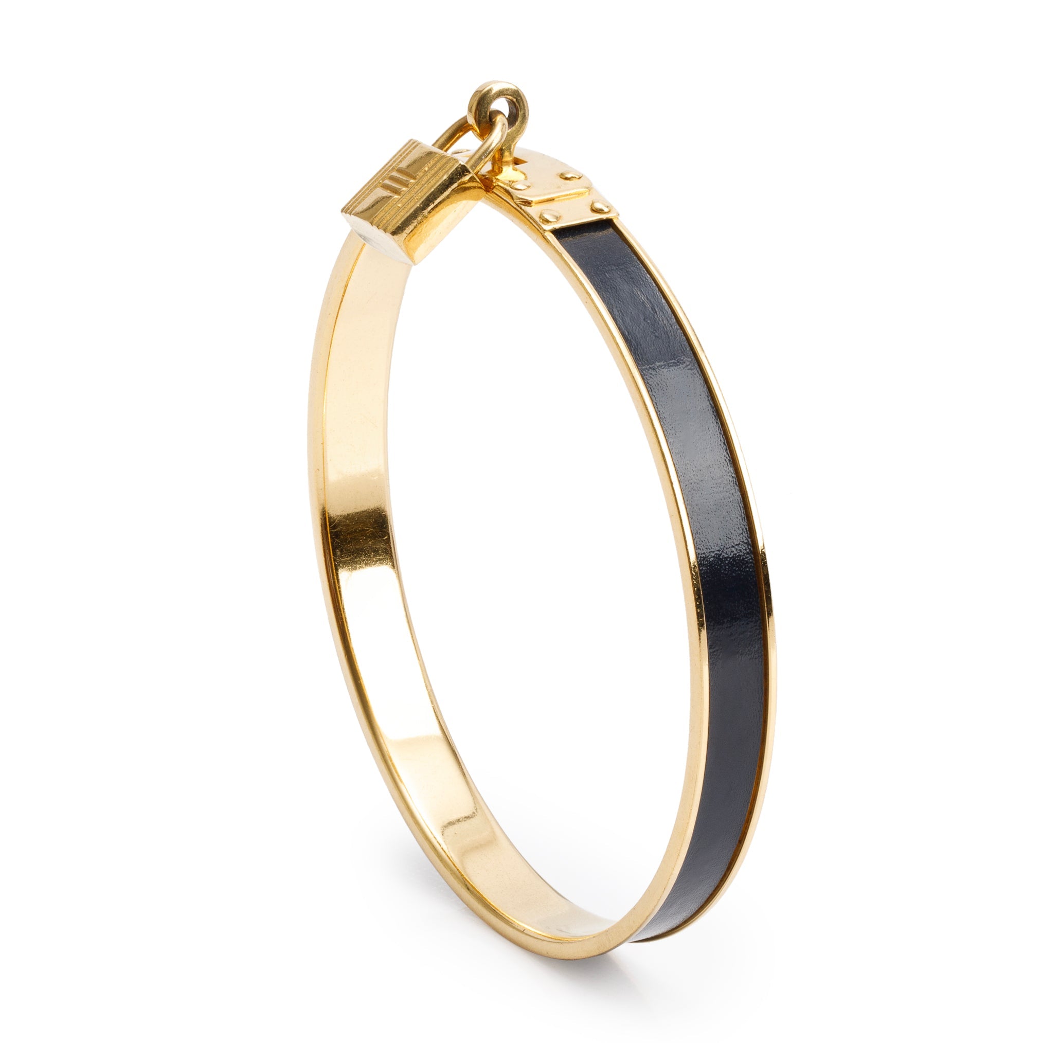 Hermes Gold-Plated Black Leather Kelly Cadena Lock Bangle Bracelet