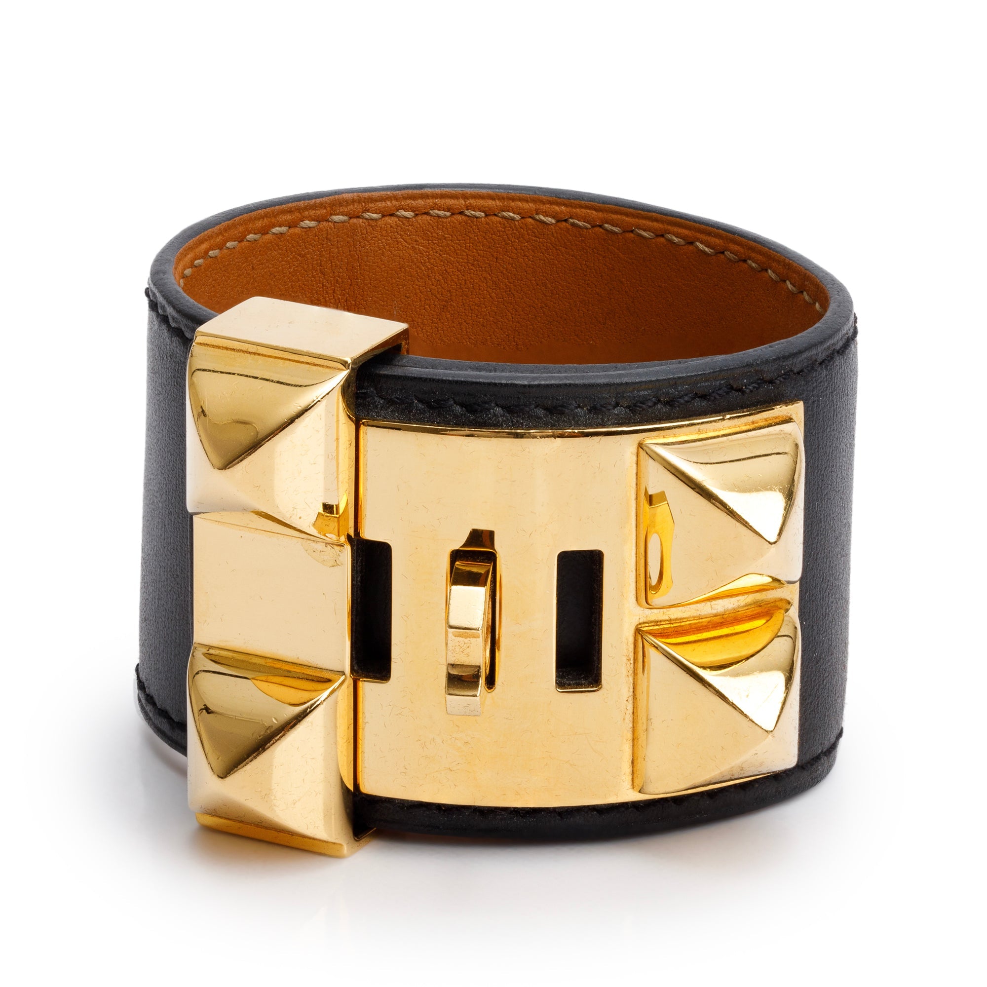 Hermes Gold-Plated Black Swift Leather Collier de Chien Bracelet, Size S