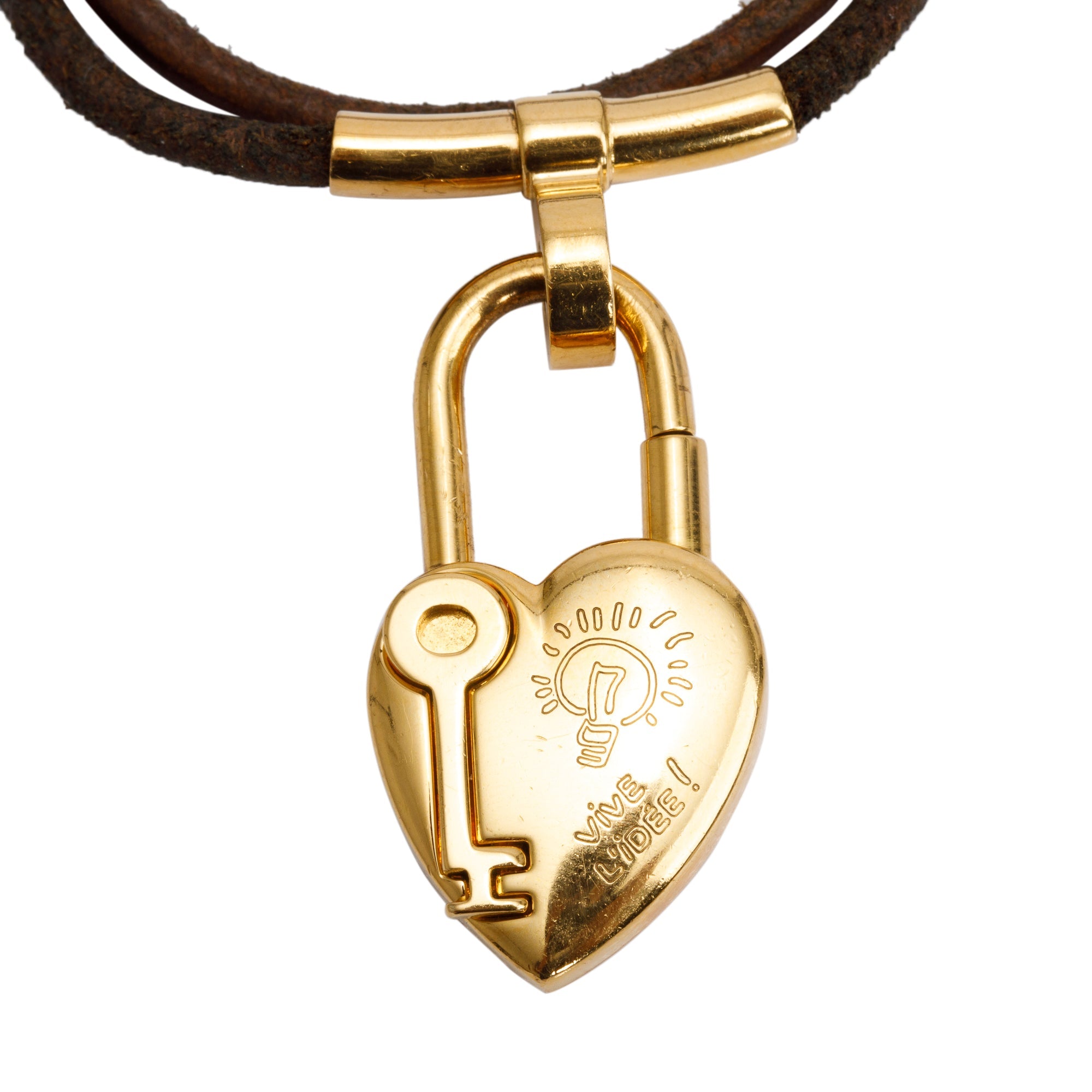 Hermes Gold Plated Brown Leather Cadena Heart Charm Double Tour Bracelet w/ Box