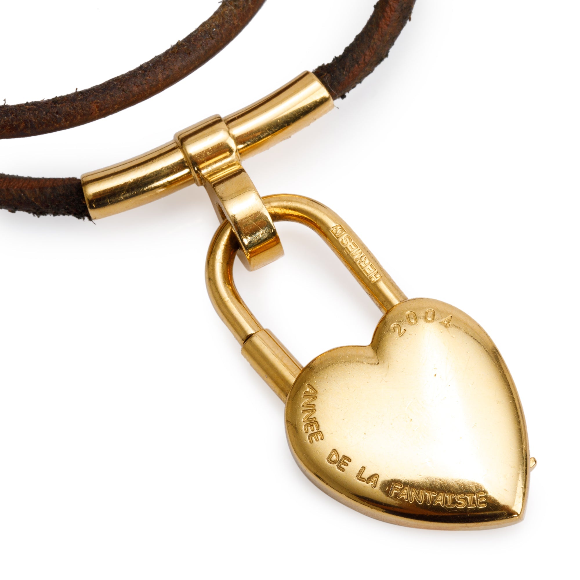 Hermes Gold Plated Brown Leather Cadena Heart Charm Double Tour Bracelet w/ Box