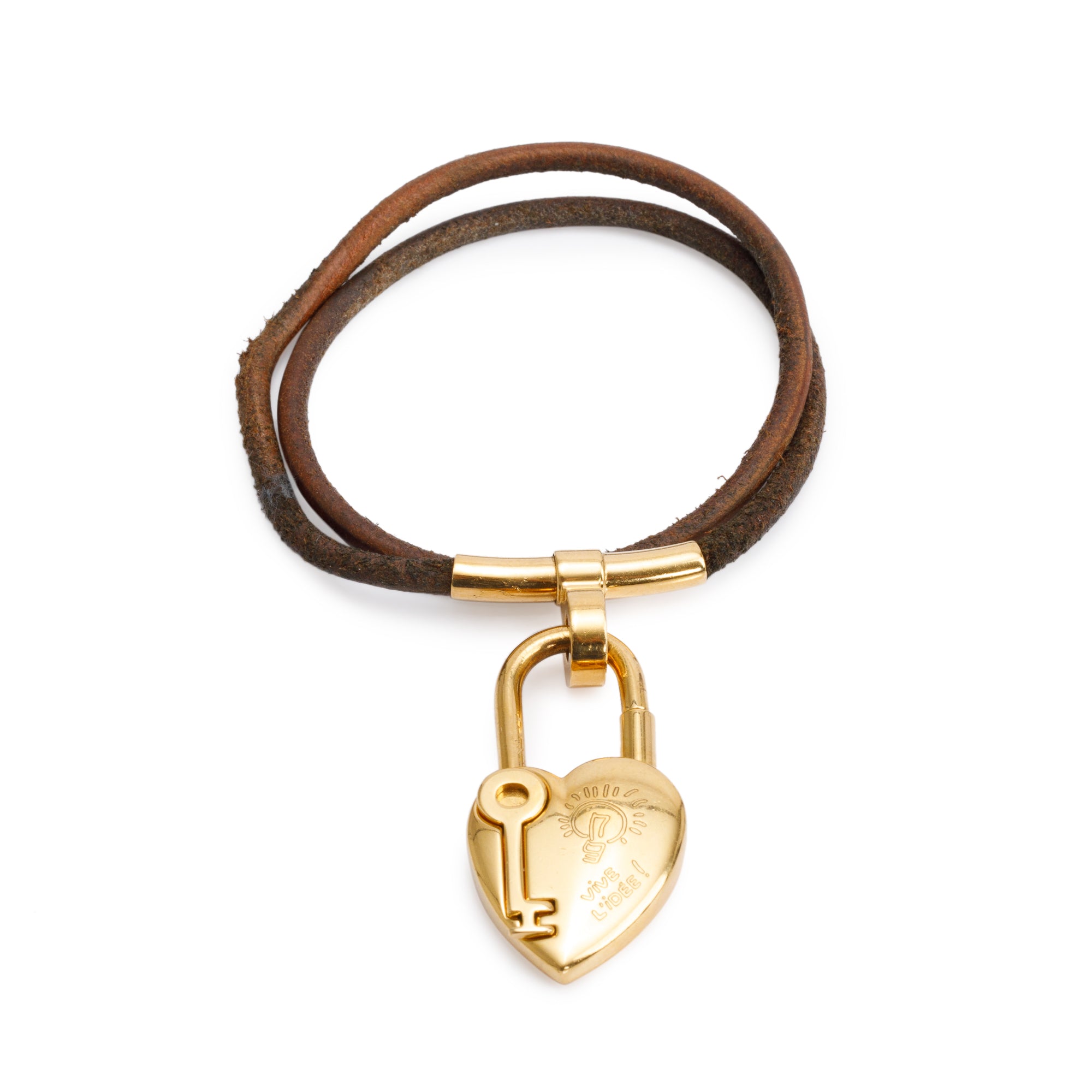 Hermes Gold Plated Brown Leather Cadena Heart Charm Double Tour Bracelet w/ Box