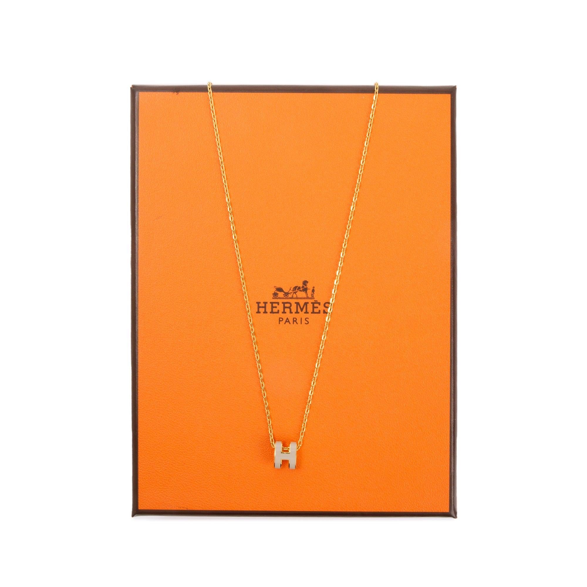 Hermes Gold-Plated Creme Lacquered Mini Pop H Pendant Necklace w/ Box