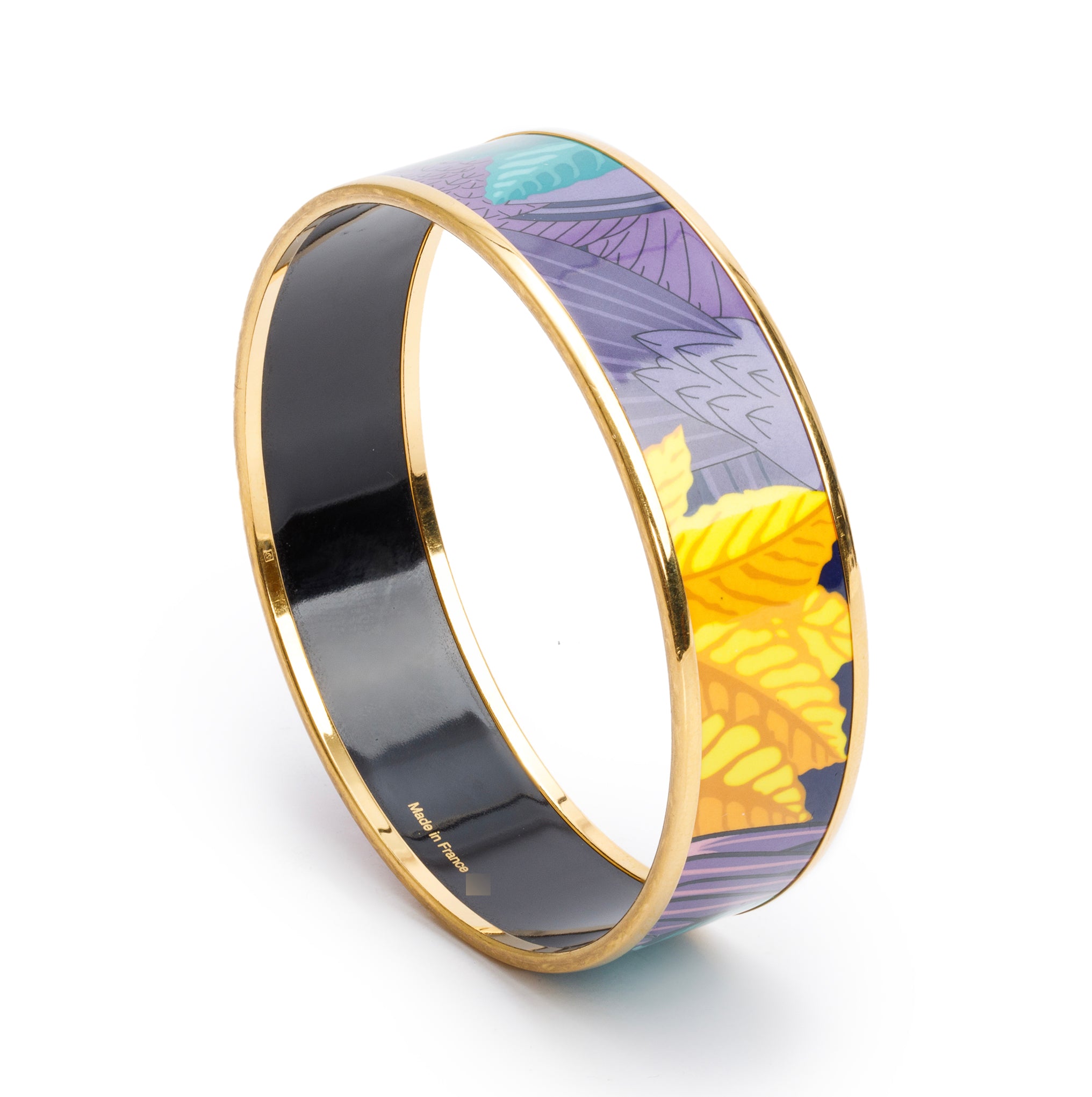 Hermes Gold-Plated Enamel Multicolor Floral Print Wide Bangle