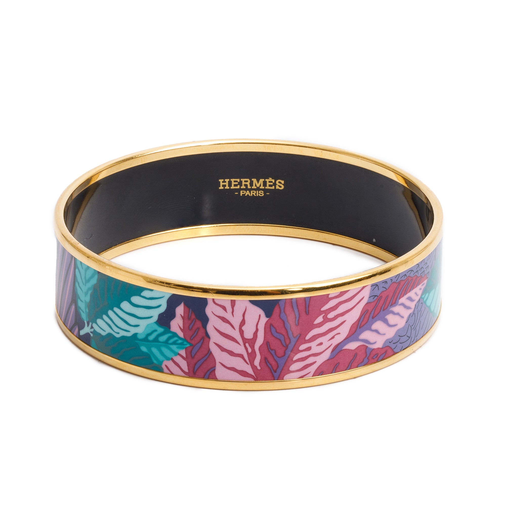 Hermes Gold-Plated Enamel Multicolor Floral Print Wide Bangle