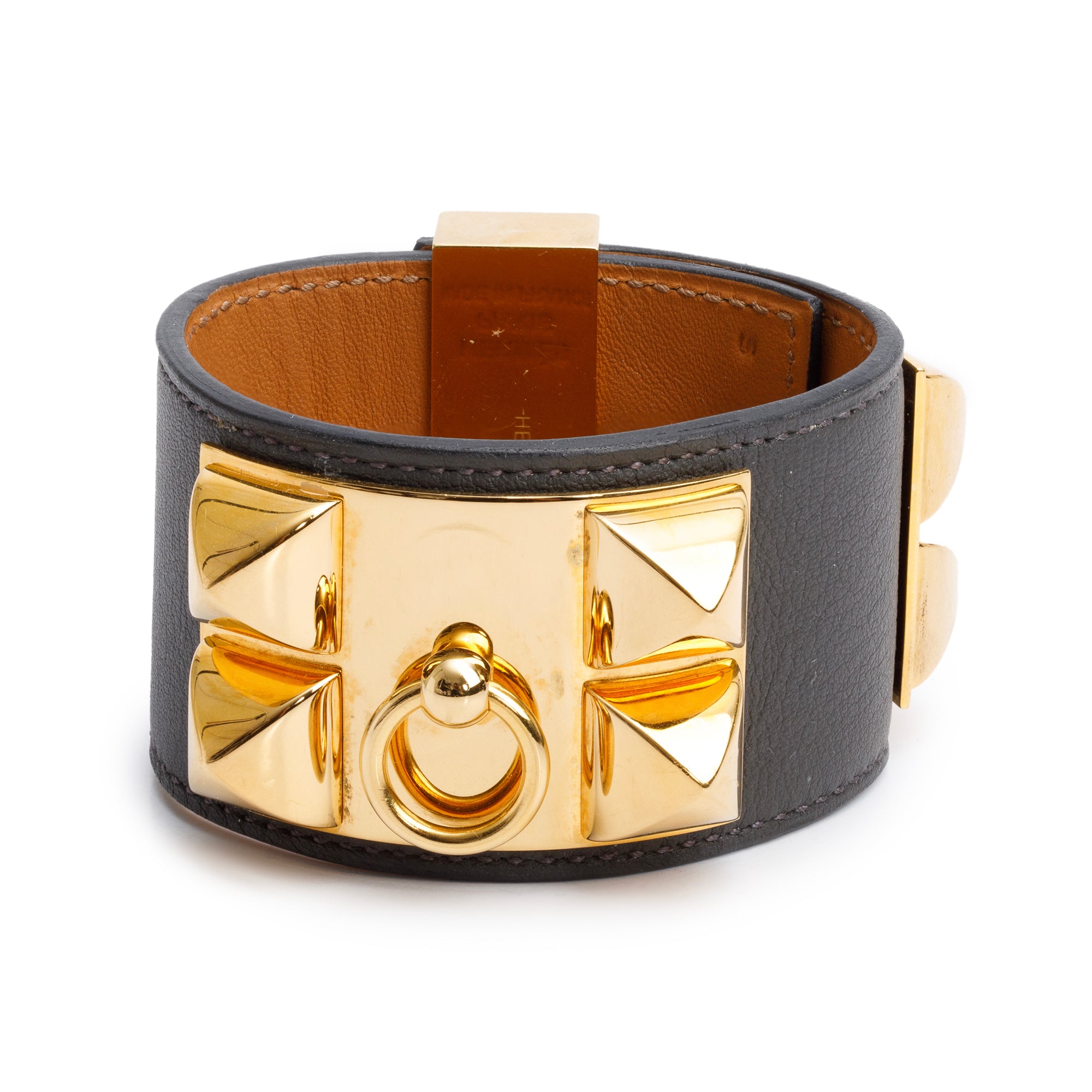 Hermes Gold-Plated Graphite Swift Leather Collier de Chien Bracelet, Size S