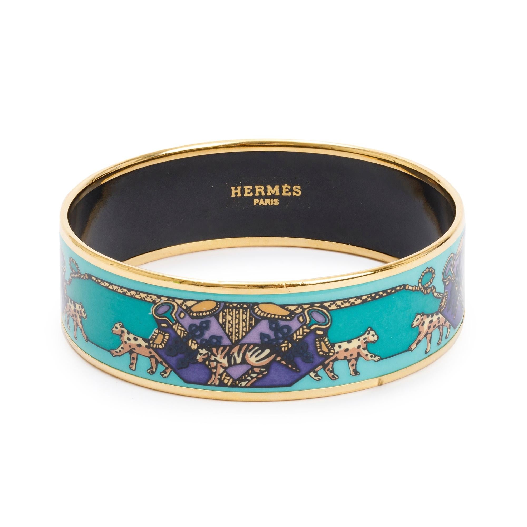 Hermes Gold-Plated Green & Multicolour Enamel Wide Bangle