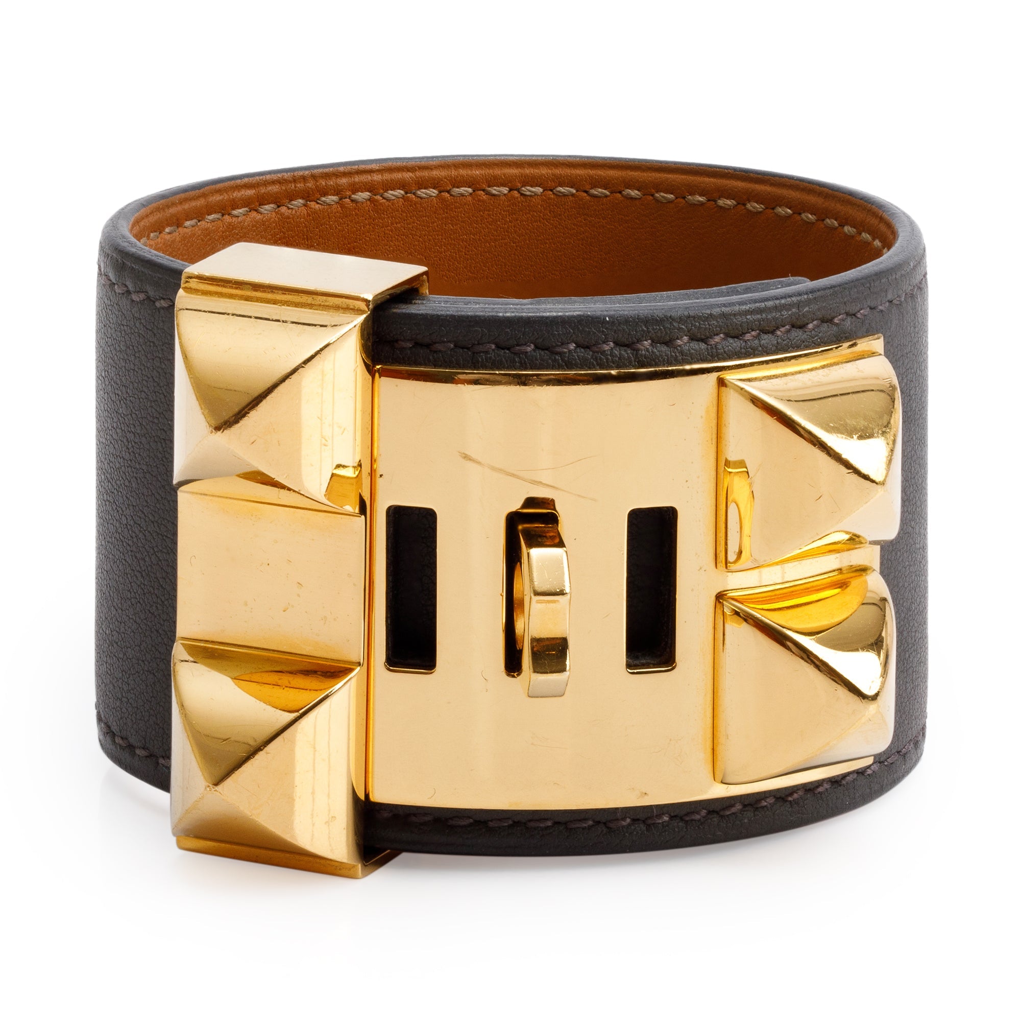 Hermes Gold-Plated Grey Swift Leather Collier de Chien Bracelet