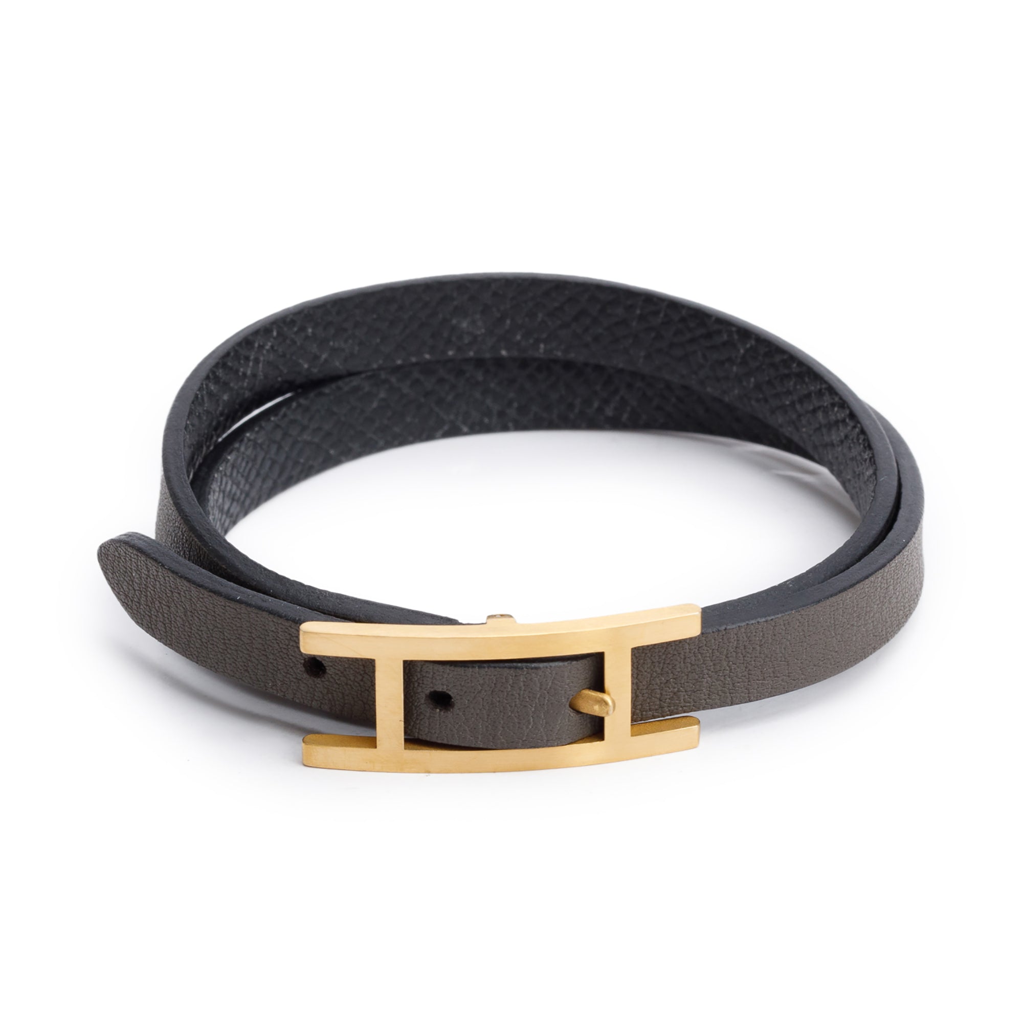 Hermes Gold Plated Gris Etain/Noir Leather Behapi Double Tour Bracelet