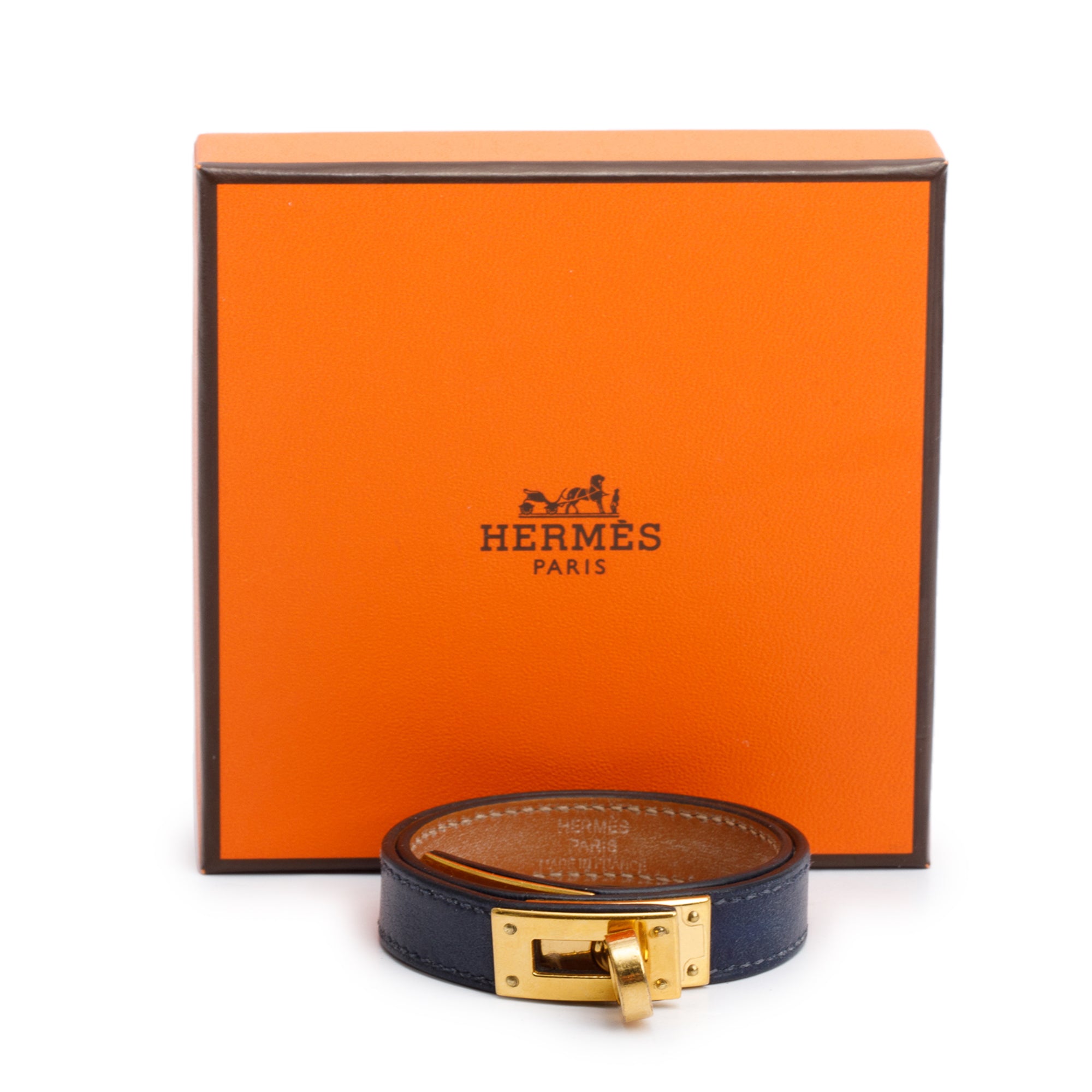 Hermes Gold Plated Navy Swift Calfskin Kelly Double Tour Bracelet, Size T3 w/ Box