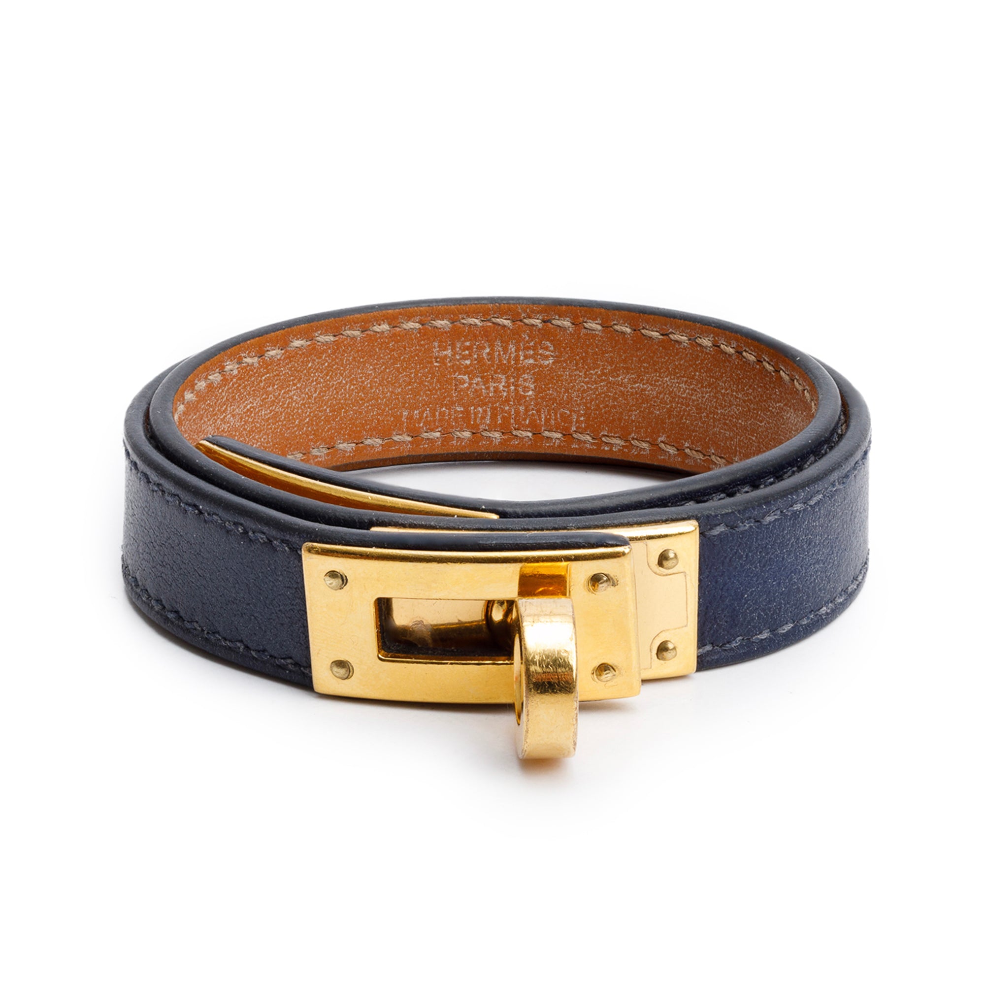 Hermes Gold Plated Navy Swift Calfskin Kelly Double Tour Bracelet, Size T3 w/ Box