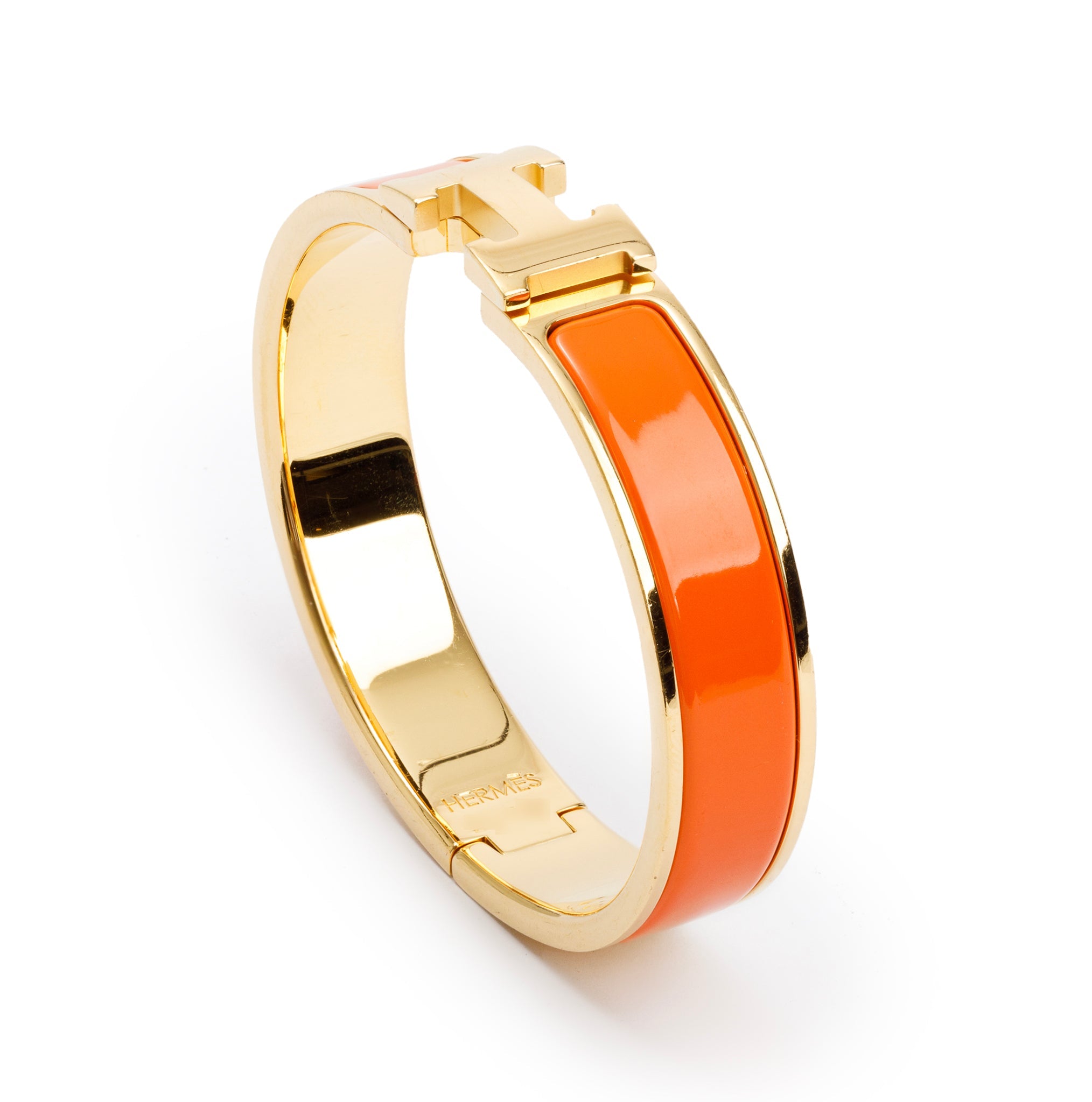 Hermes Gold-Plated Orange Enamel 12 MM Clic H Bracelet w/ Box