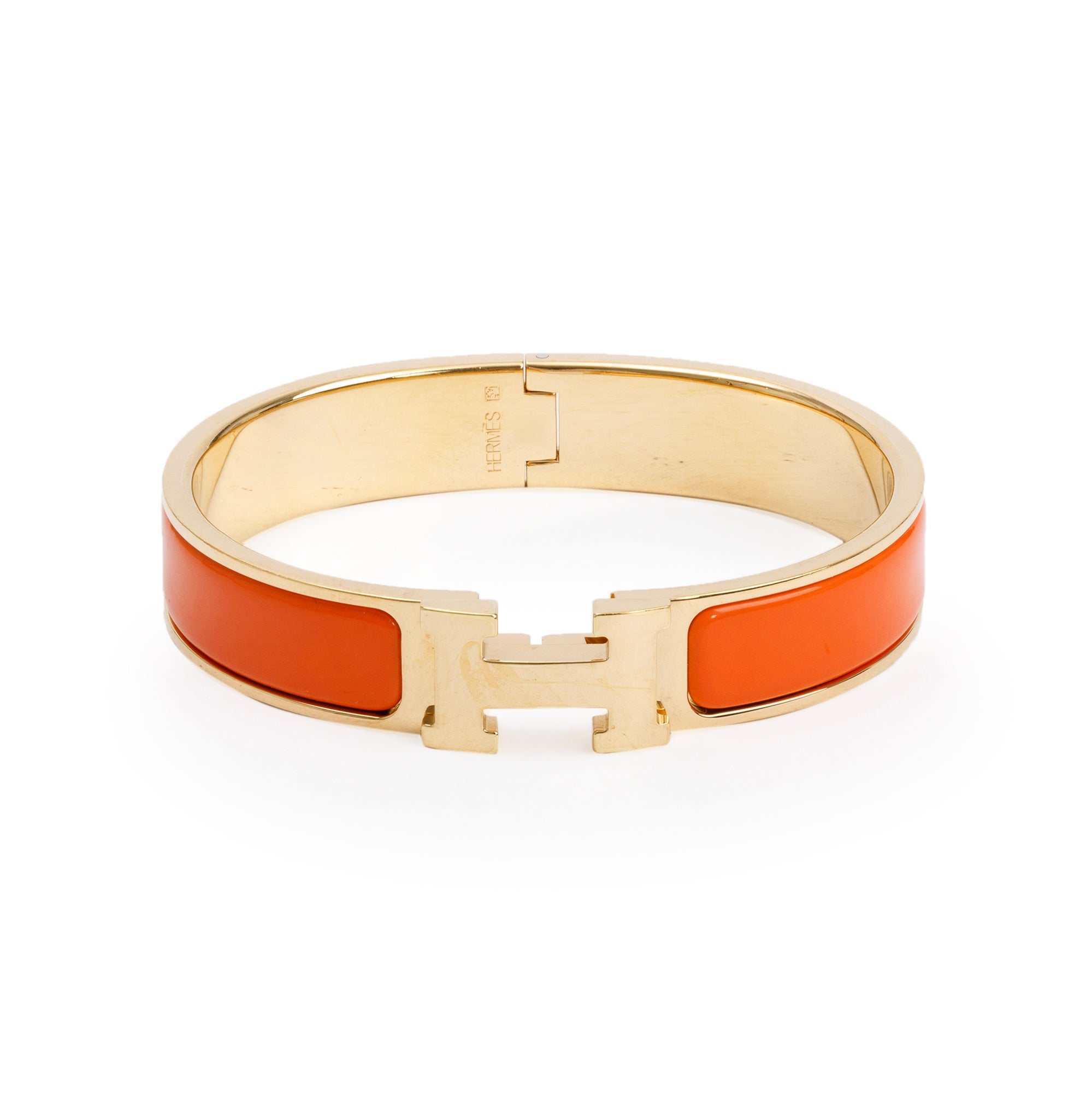 Hermes Gold-Plated Orange Enamel 12 MM Clic H Bracelet w/ Box