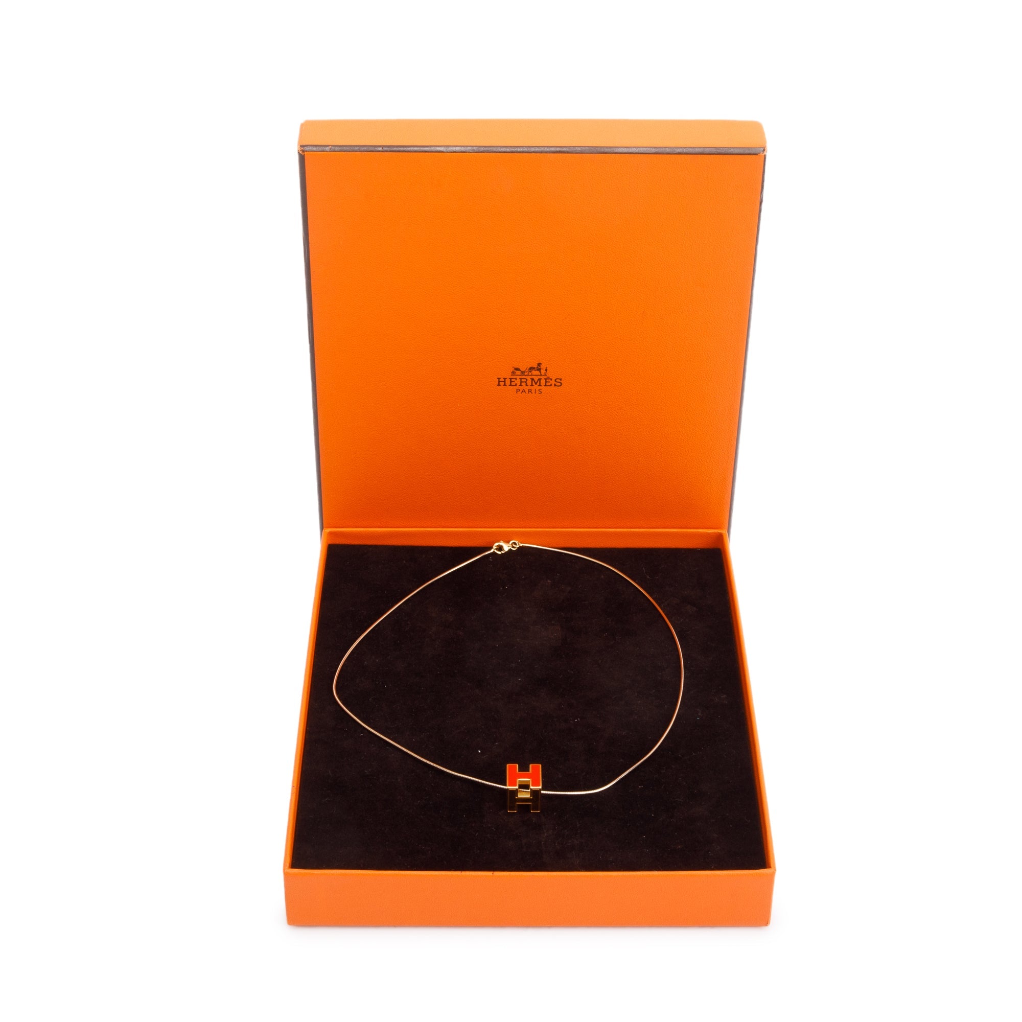Hermes Gold-Plated Orange Enamel Pop H Cube Pendant Necklace w/ Box