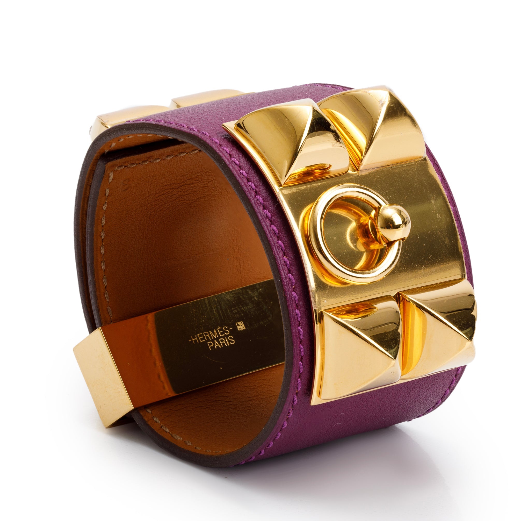 Hermes Gold-Plated Purple Swift Leather Collier de Chien Bracelet