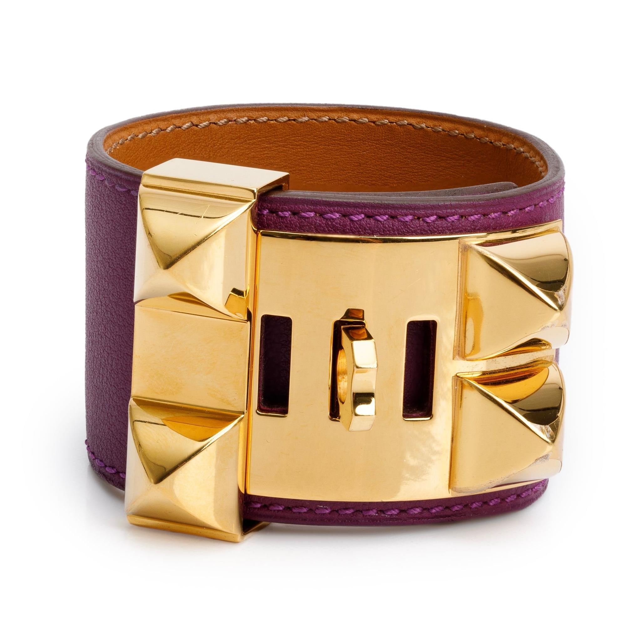 Hermes Gold-Plated Purple Swift Leather Collier de Chien Bracelet