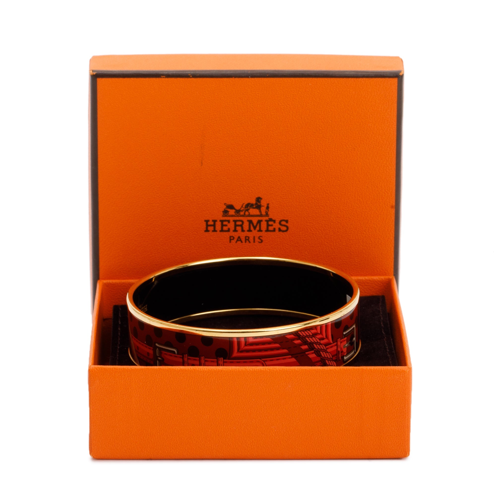 Hermes Gold-Plated Red Enamel Wide Bangle w/ Box