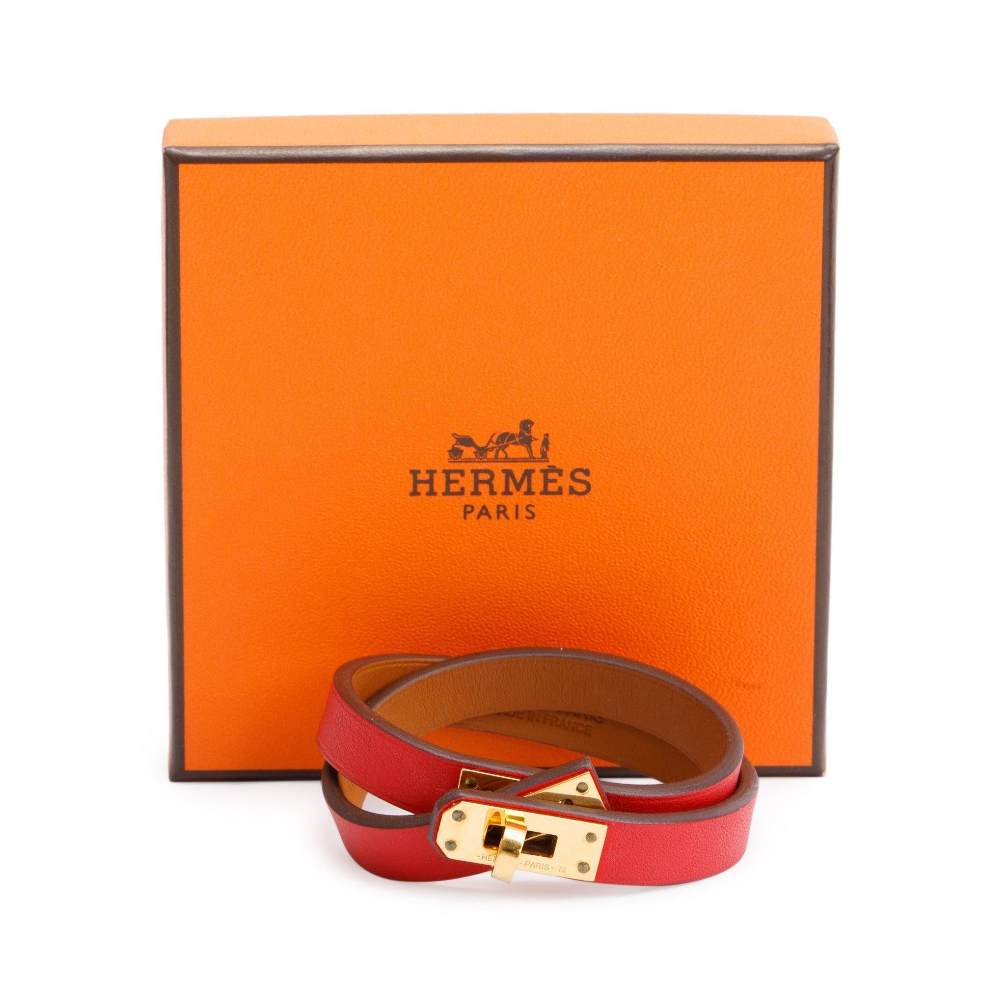 Hermes Gold Plated Red Leather Mini Kelly Double Tour Bracelet, Size T2 w/ Box