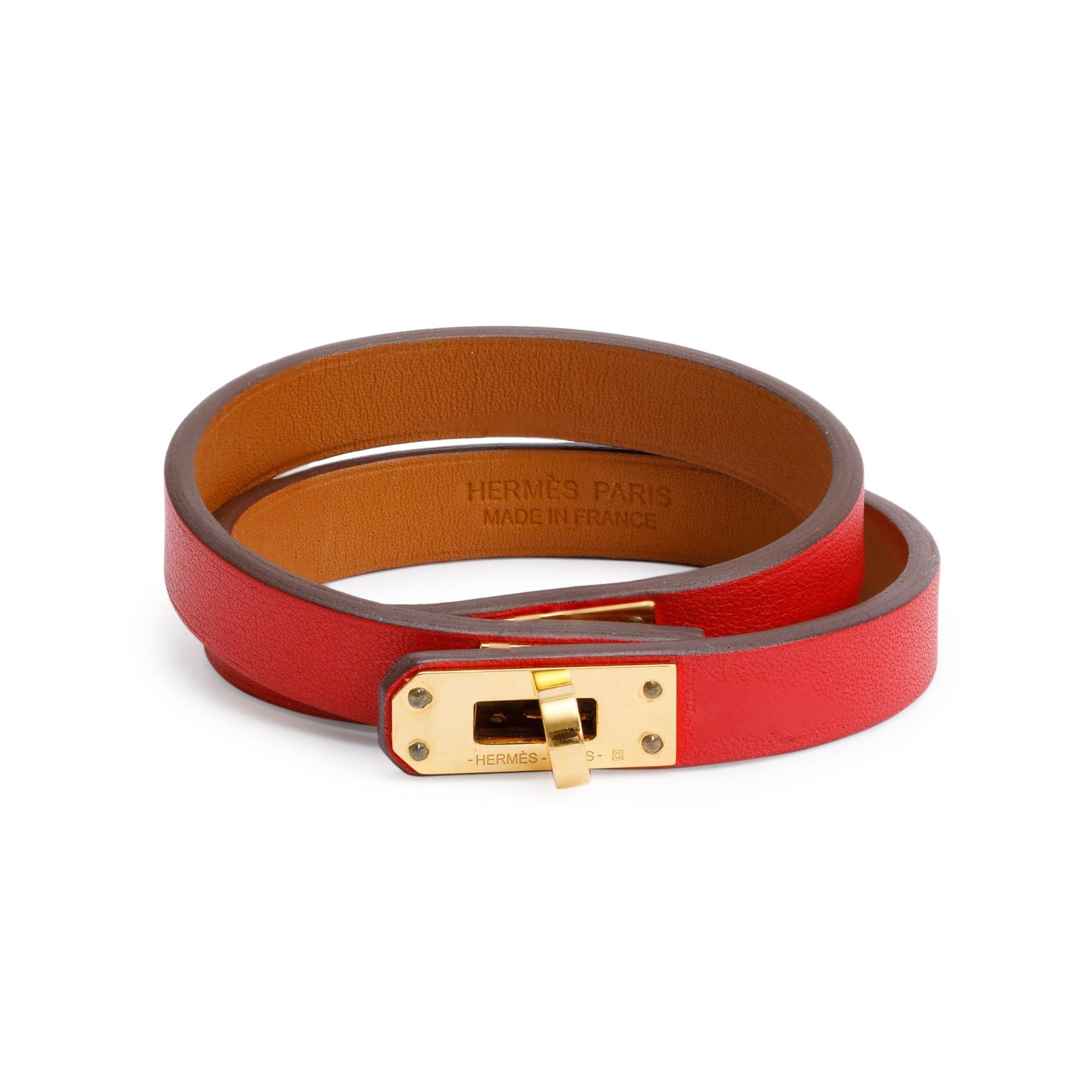 Hermes Gold Plated Red Leather Mini Kelly Double Tour Bracelet, Size T2 w/ Box