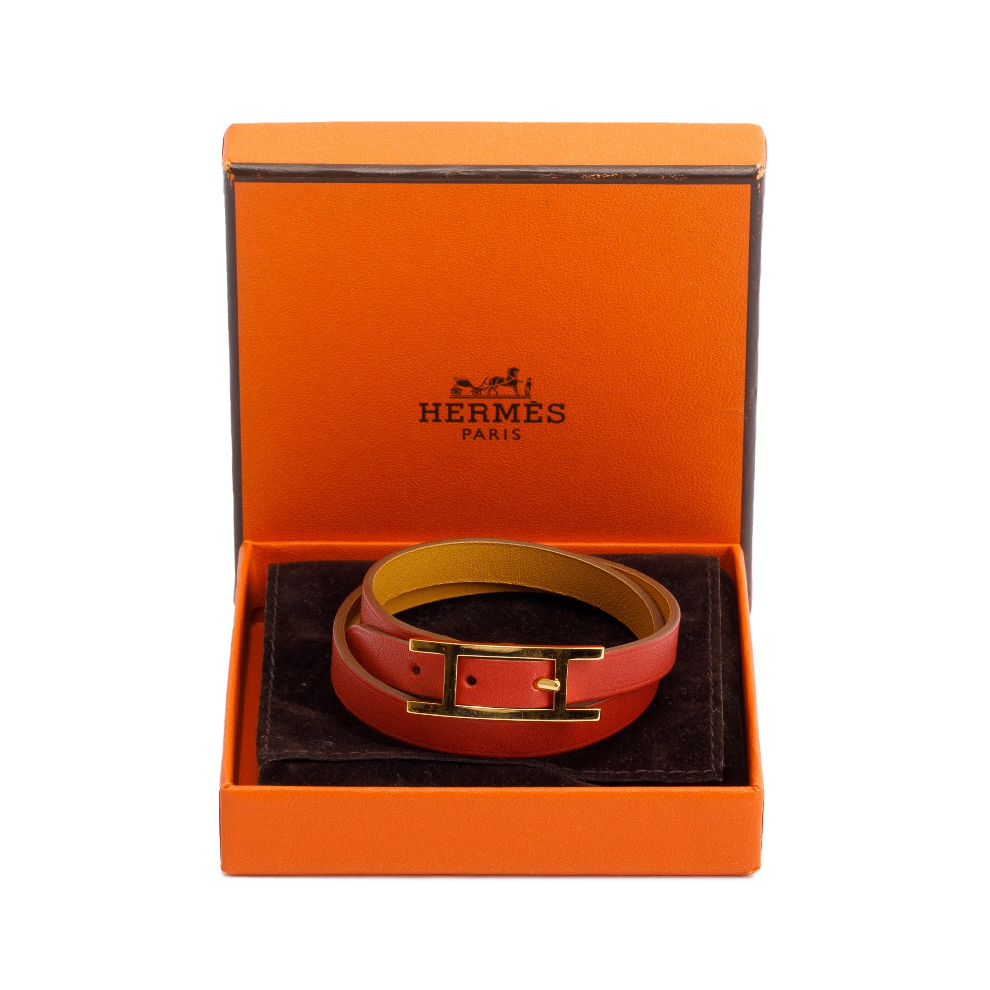 Hermes Gold Plated Red/Yellow Swift Leather Behapi Double Tour Bracelet w/ Box