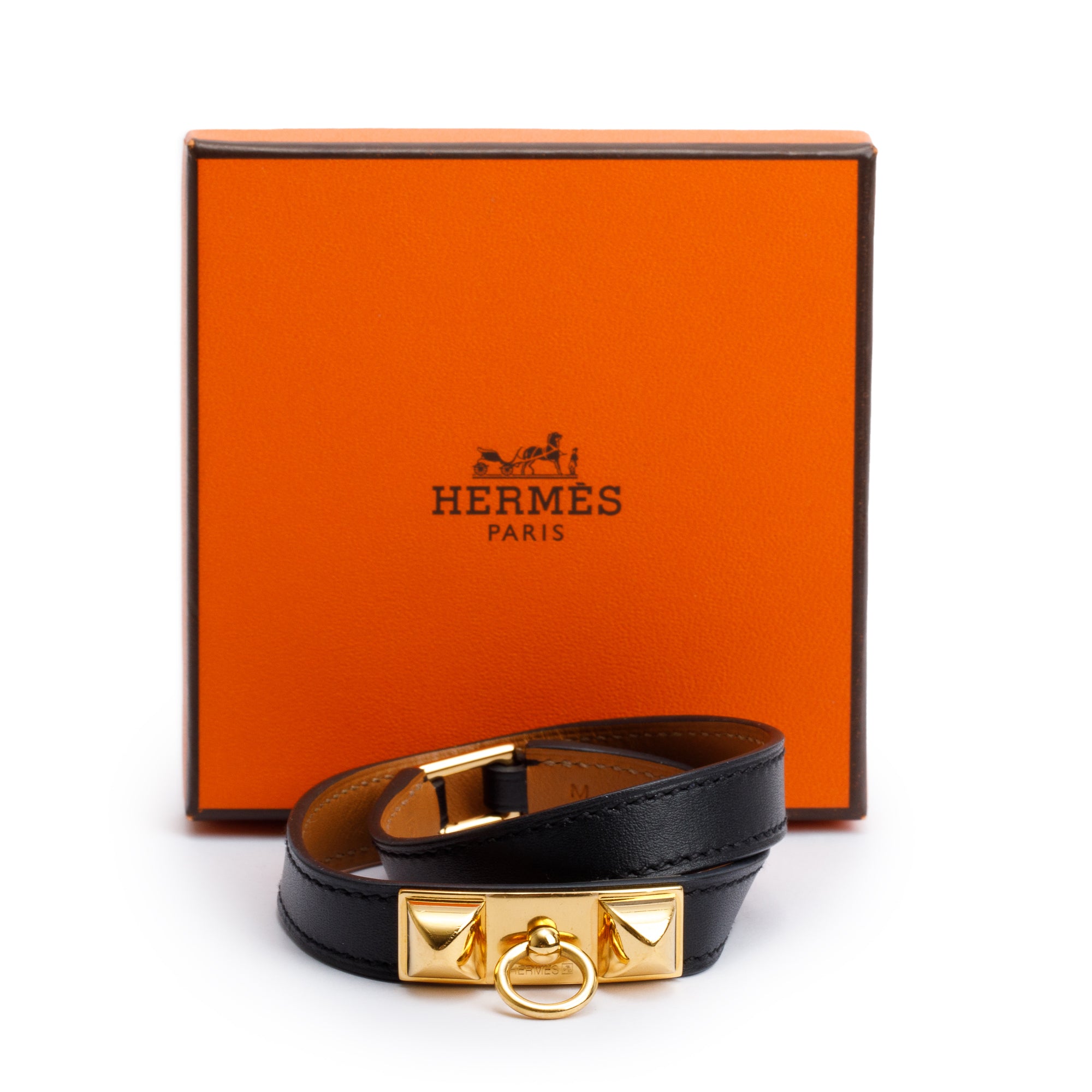Hermes Gold Plated Rivale Double Tour Black Leather Bracelet, Size M w/ Box