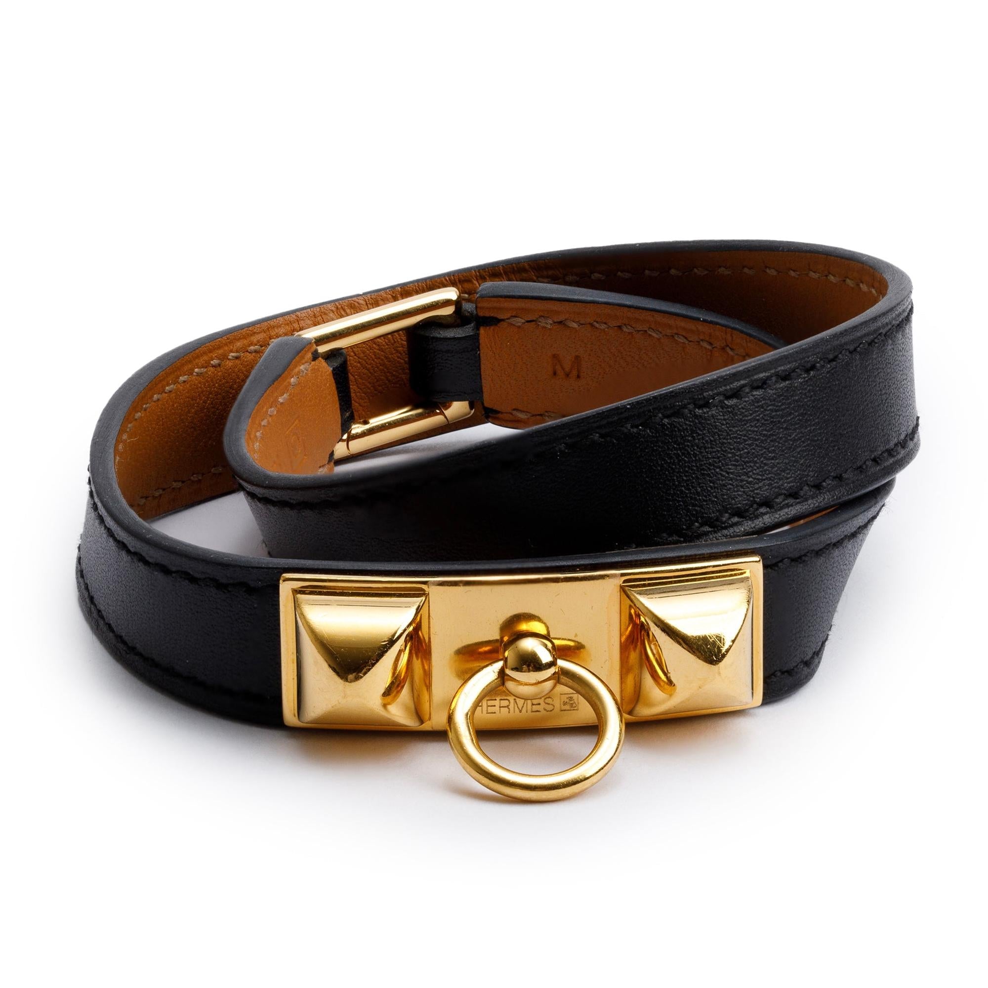 Hermes Gold Plated Rivale Double Tour Black Leather Bracelet, Size M w/ Box
