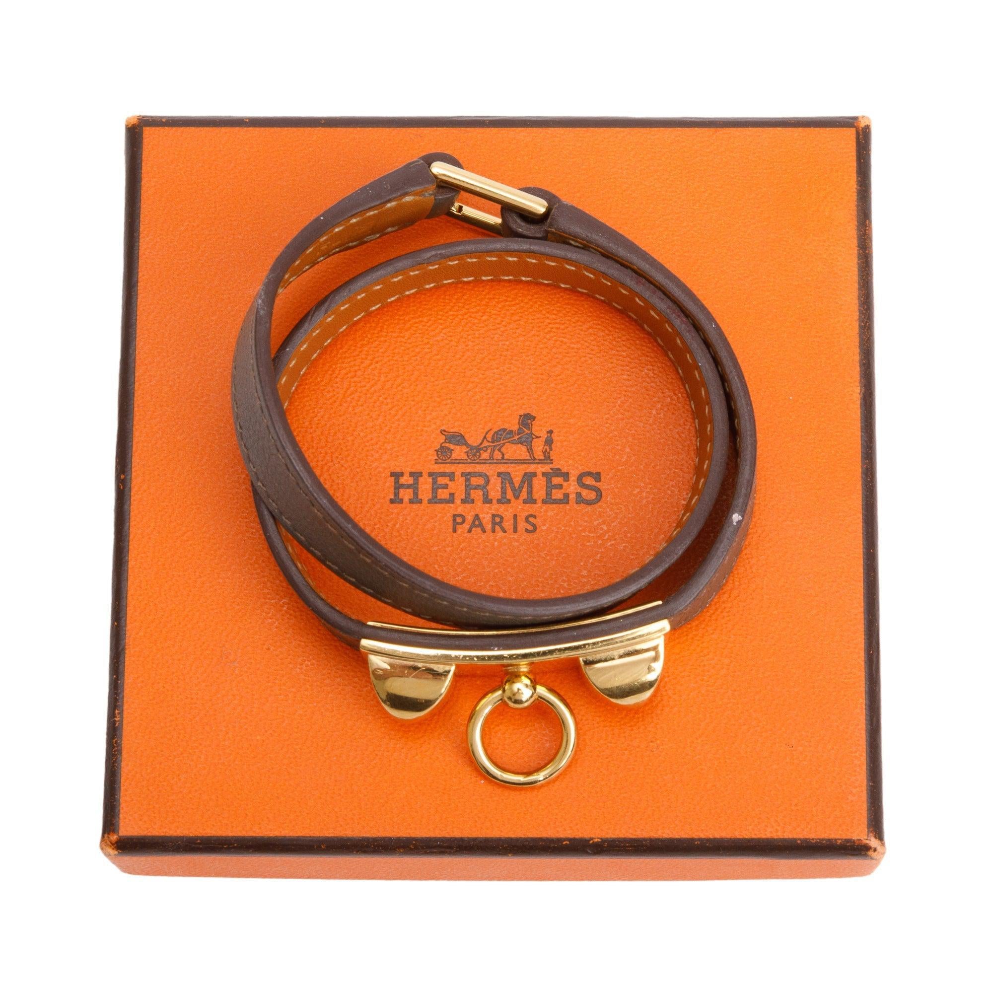 Hermes Gold Plated Rivale Double Tour Etoupe Leather Bracelet, Size S w/ Box