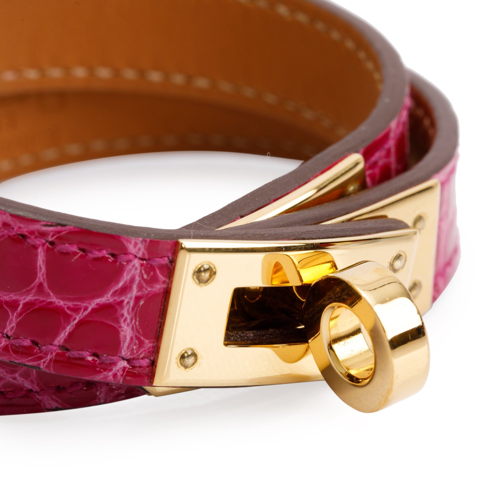 Hermes Gold Plated Rose Scheherazade Alligator Kelly Double Tour Bracelet, Size S w/ Box