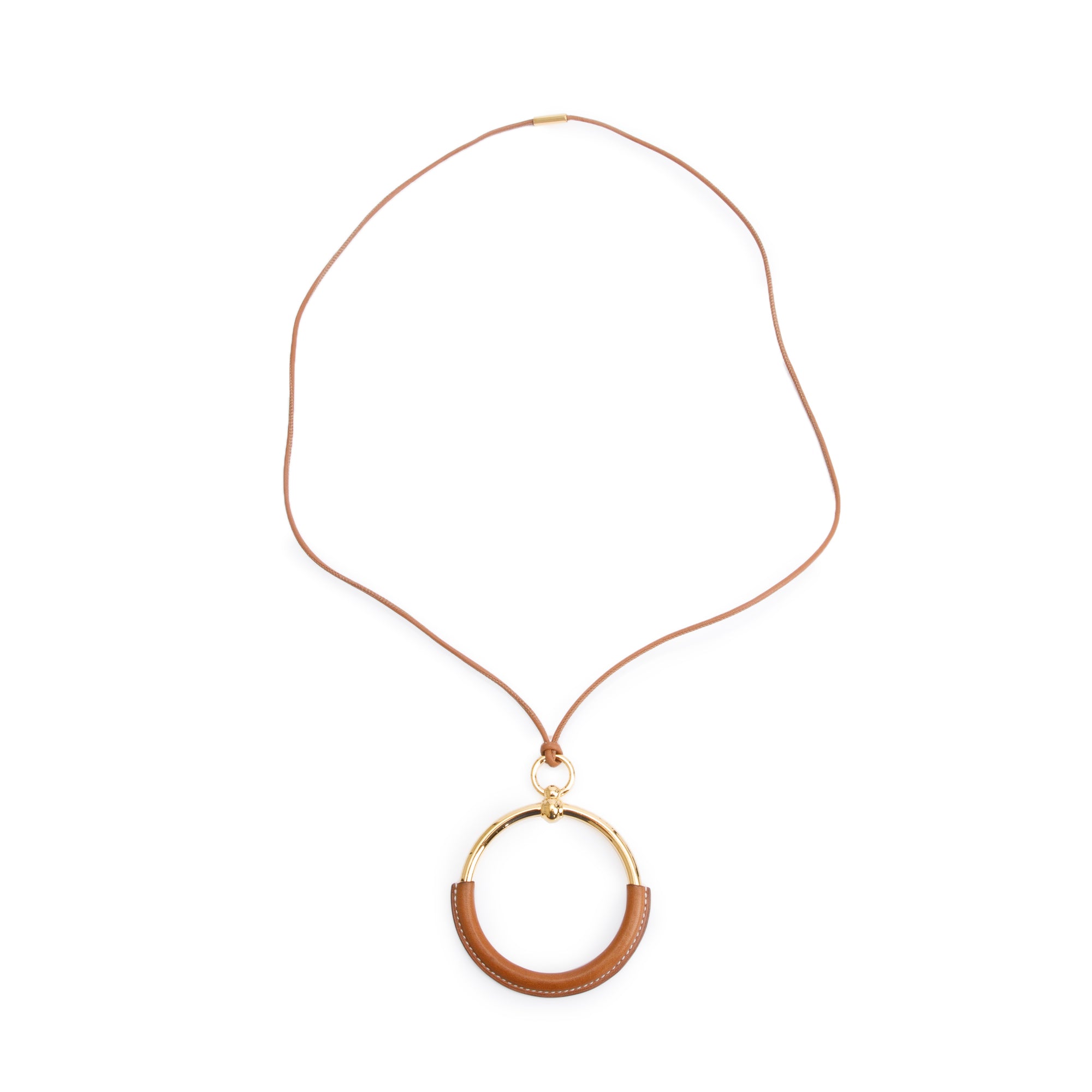 Hermes Gold-Plated Tan Swift Leather Loop Pendant Necklace