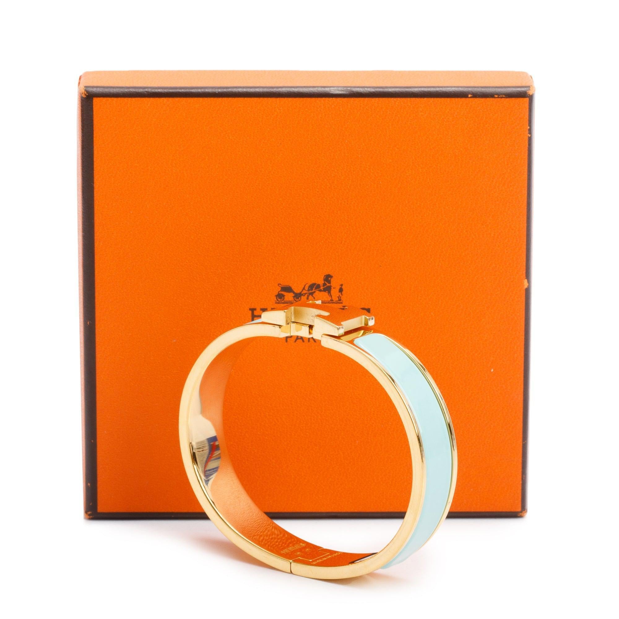 Hermes Gold Plated Turquoise Enamel 12 MM Clic H Bracelet w/ Box