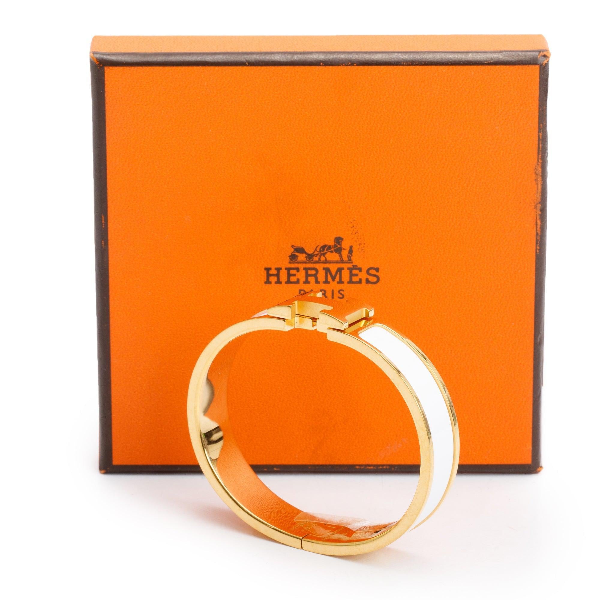 Hermes Gold Plated White Enamel 12 MM Clic H Bracelet w/ Box