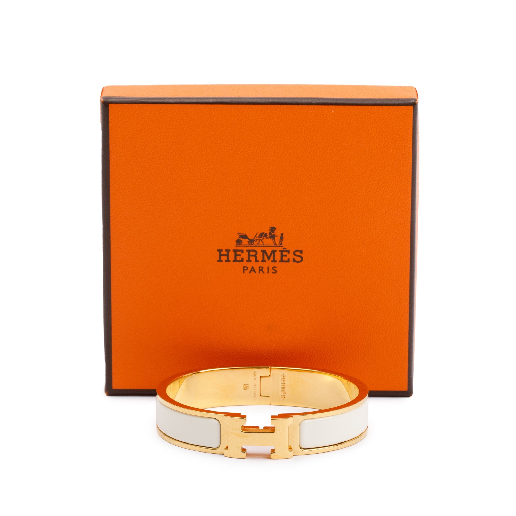Hermes Gold-Plated White Enamel 12 MM Clic H Bracelet w/ Box