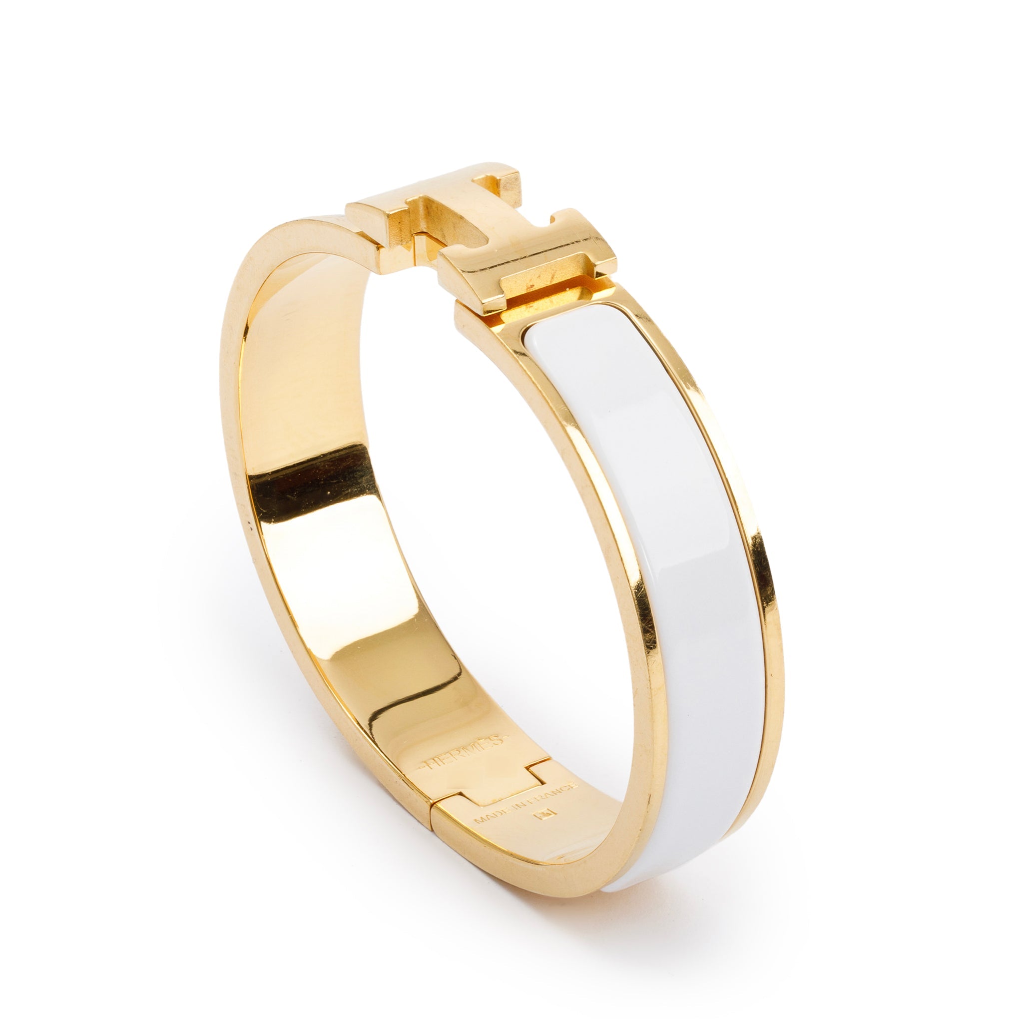 Hermes Gold-Plated White Enamel 12 MM Clic H Bracelet w/ Box