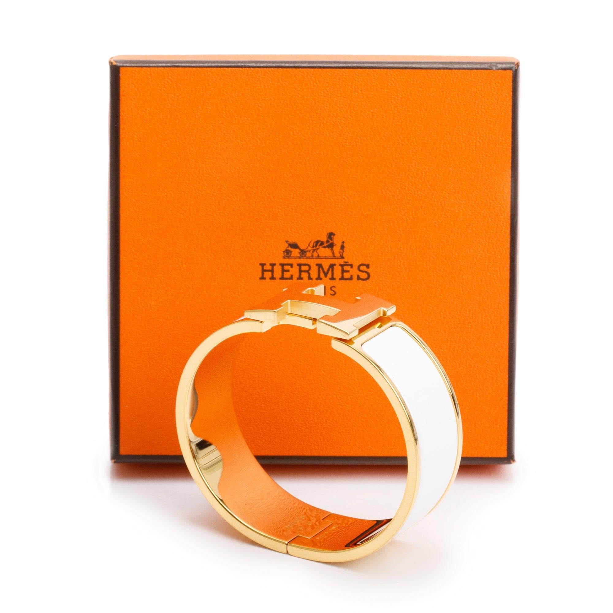 Hermes Gold-Plated White Enamel Clic Clac H Bracelet w/ Box