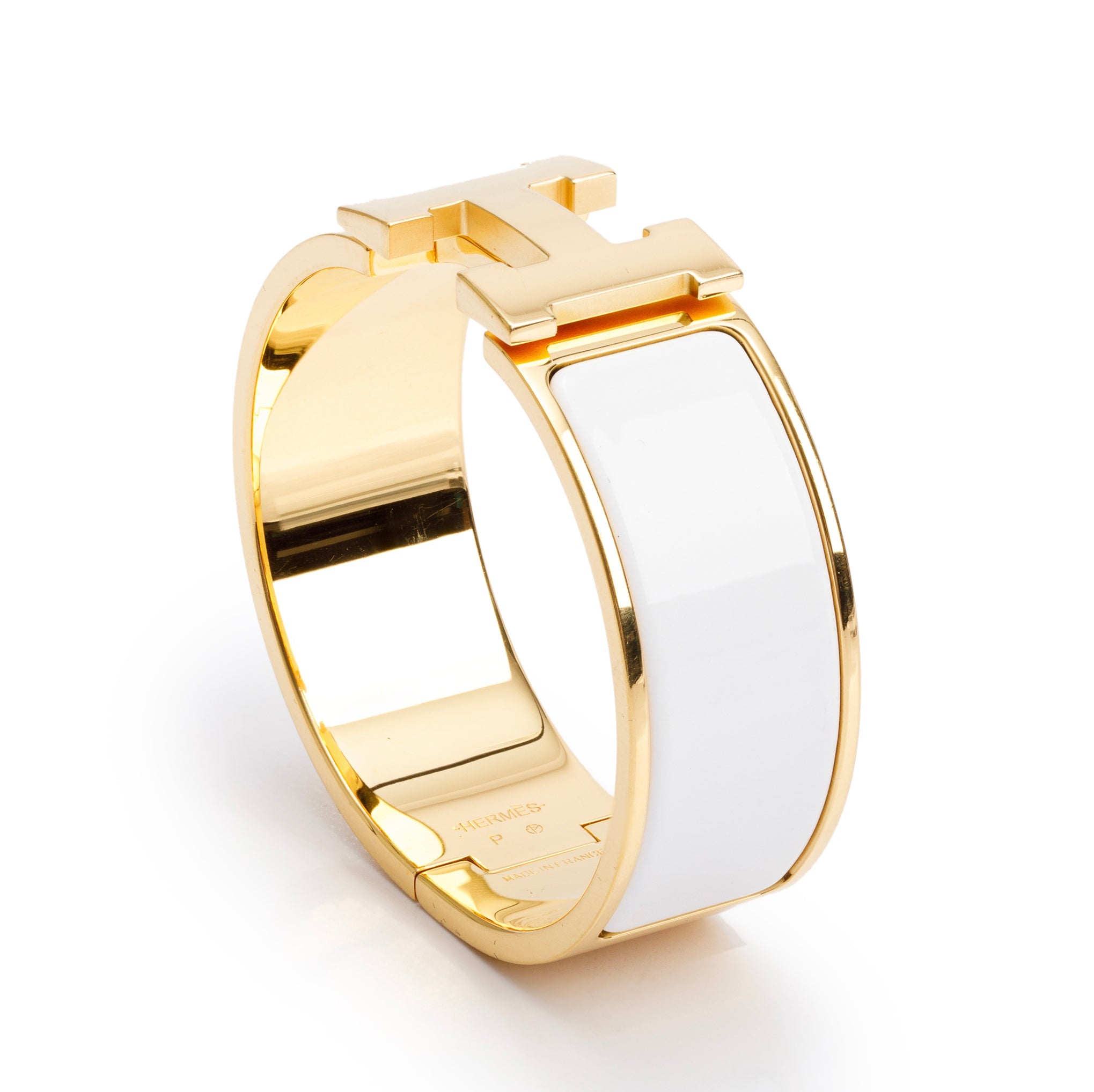 Hermes Gold-Plated White Enamel Clic Clac H Bracelet w/ Box