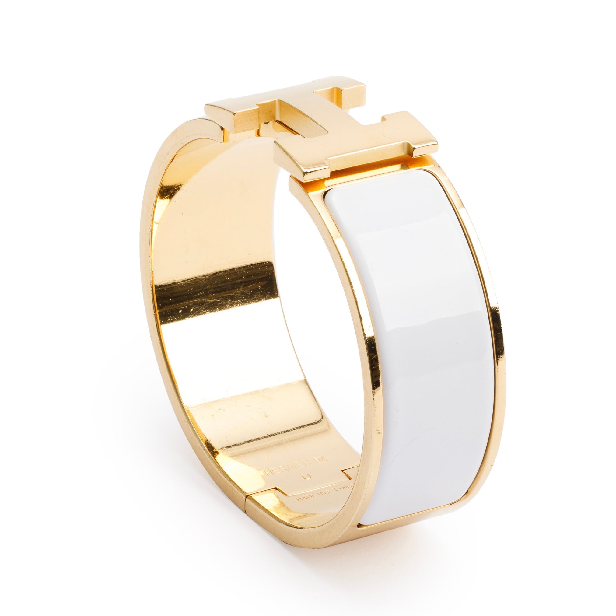 Hermes Gold-Plated White Enamel Clic Clac H Bracelet w/ Box