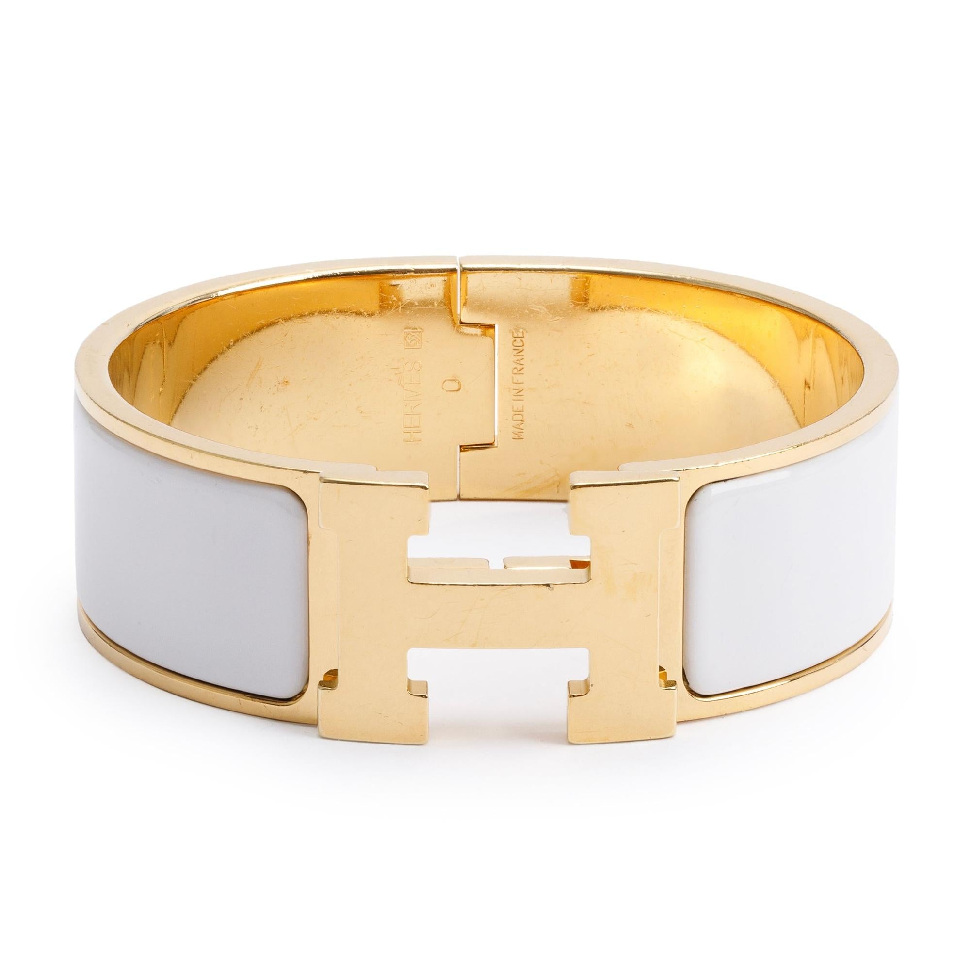 Hermes Gold-Plated White Enamel Clic Clac H Bracelet w/ Box