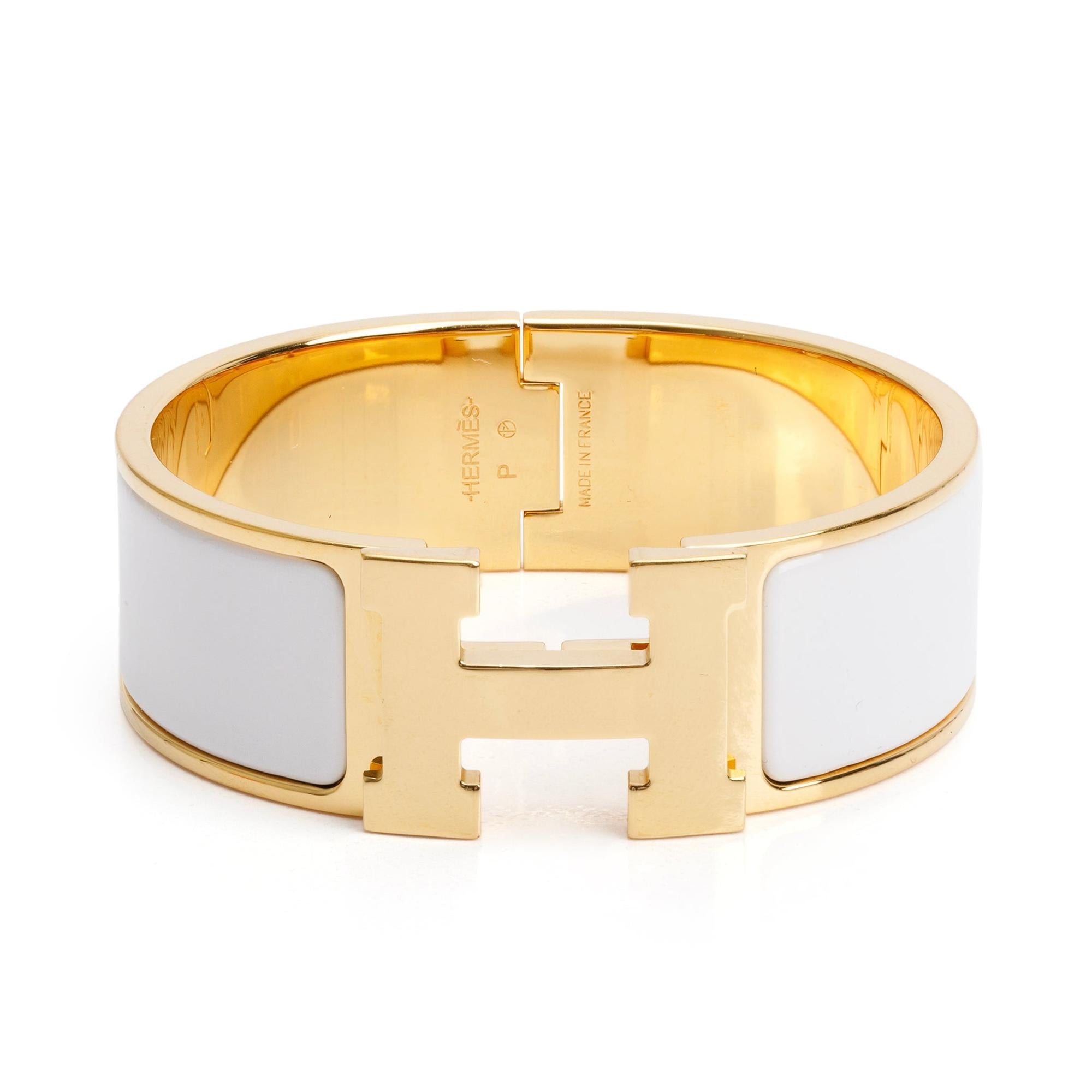 Hermes Gold-Plated White Enamel Clic Clac H Bracelet w/ Box