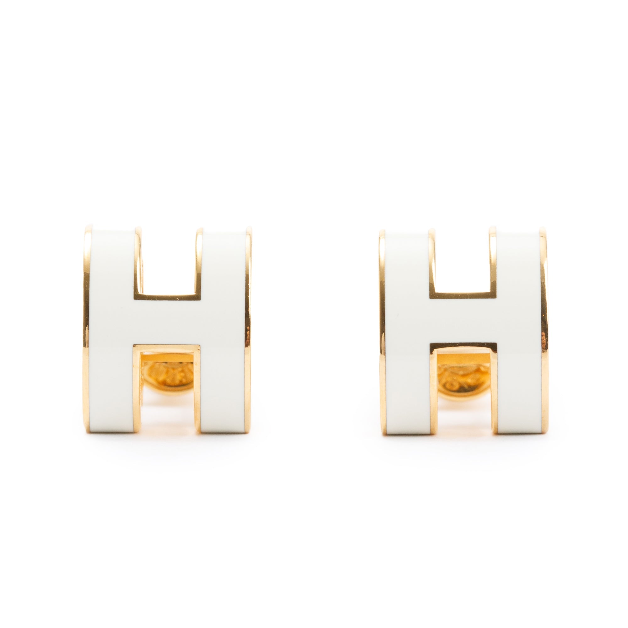 Hermes Gold Plated White Lacquered Pop H Earrings w/ Box