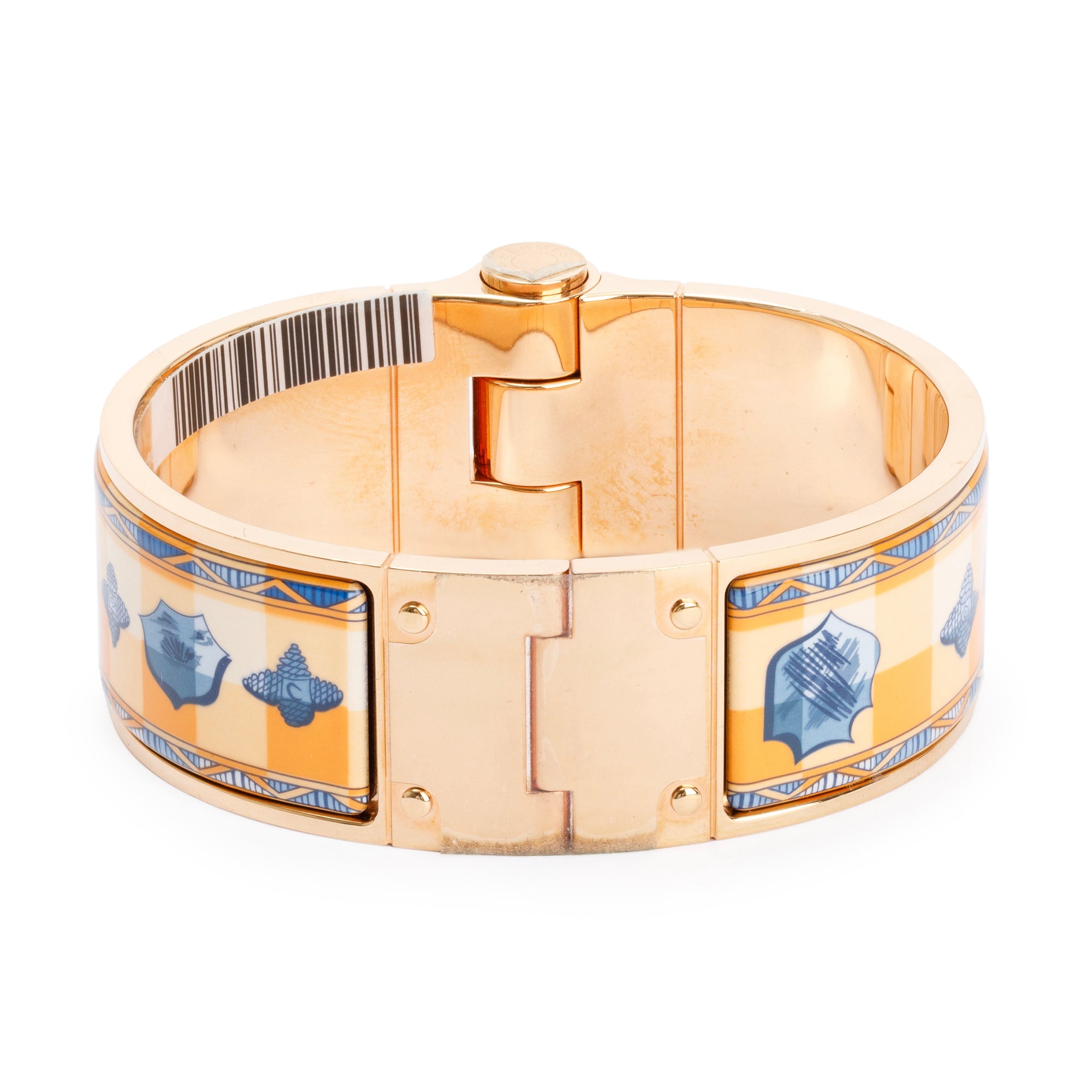 Hermes Gold Plated Wide Hinged Enamel Bracelet w/ Box