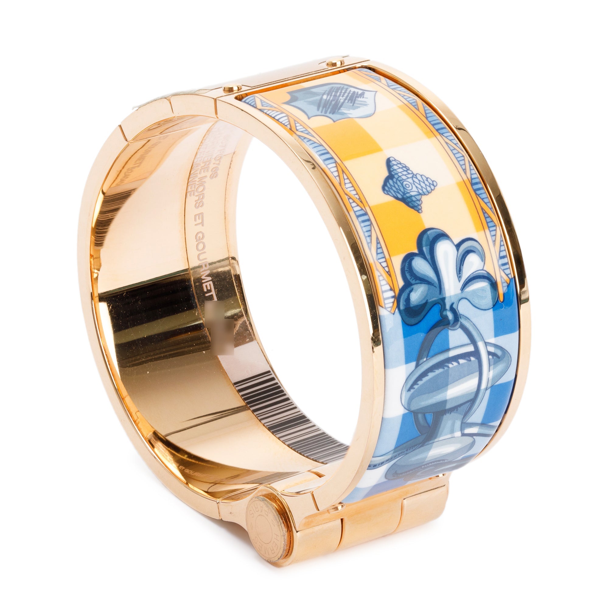 Hermes Gold Plated Wide Hinged Enamel Bracelet w/ Box