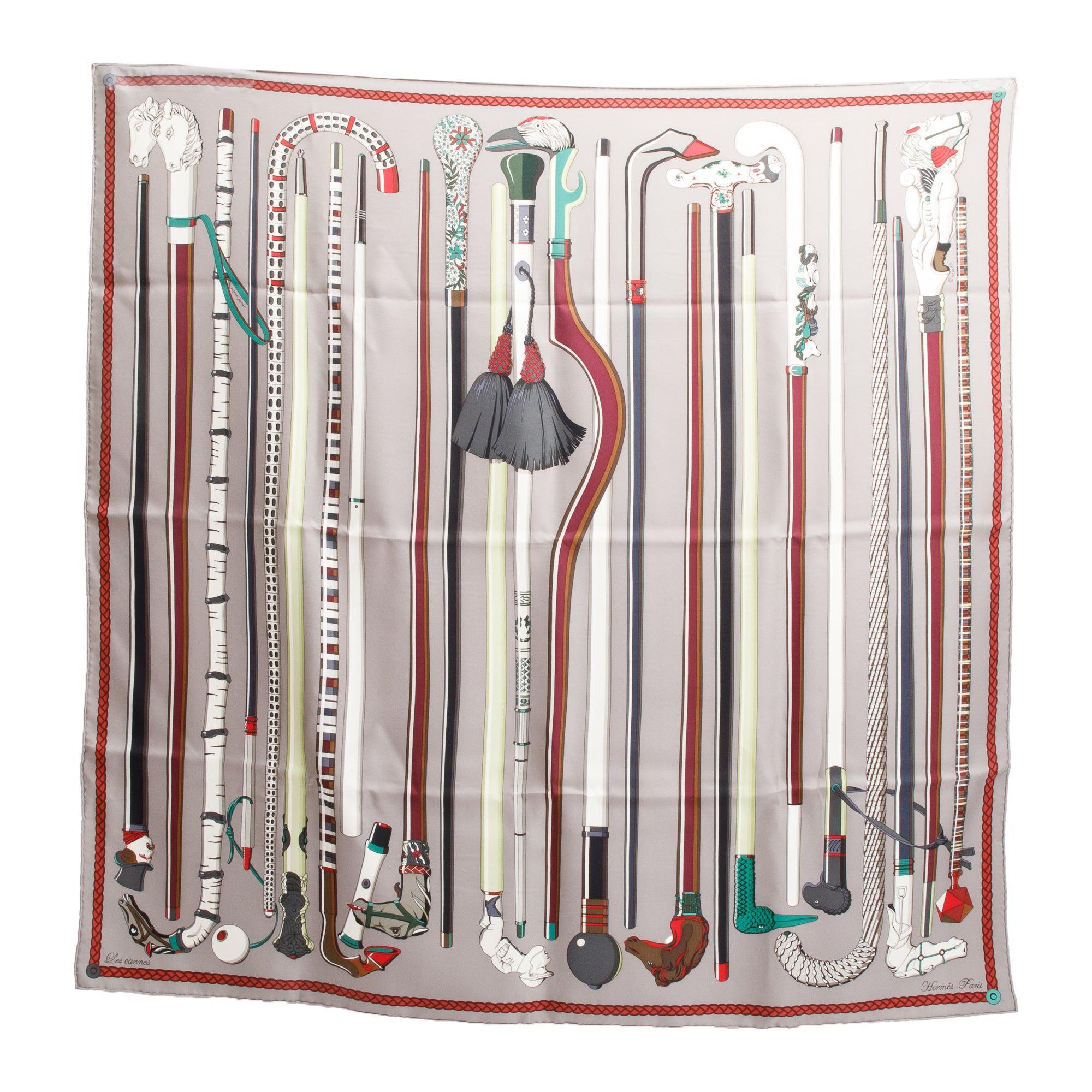 Hermes Grey 'Les Cannes' Silk Scarf 90 w/ Box