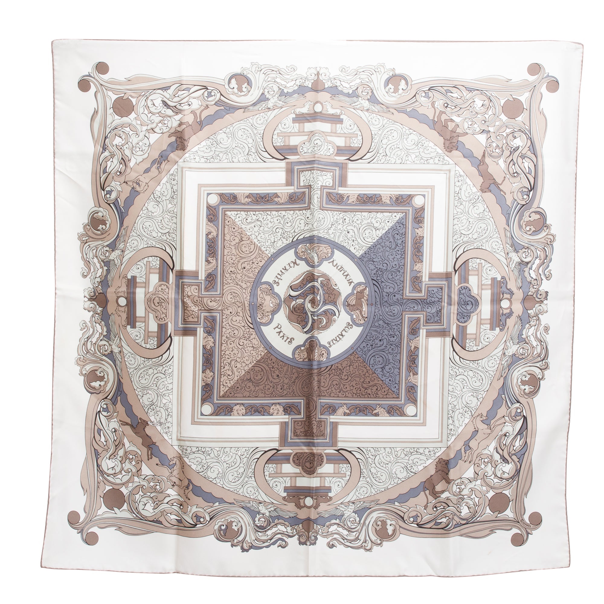Hermes Grey & Multicolor 'Animaux Solaires' Silk Scarf 90 w/ Box